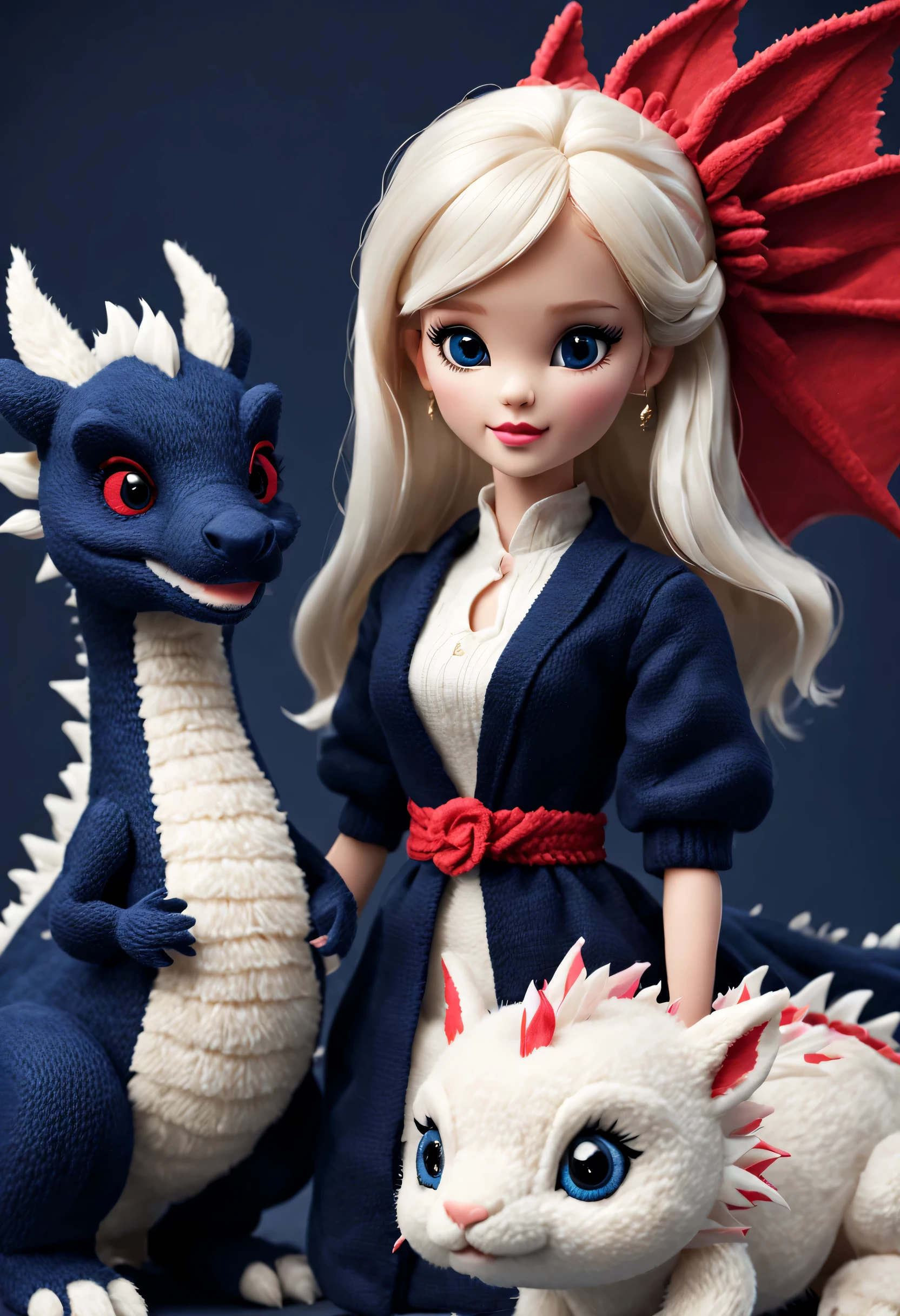 (Plush toy design),Smiling cute Chinese dragon baby and barbie doll,(wool craft),(Fluffy:0.68) ,Winter high-end gorgeous fashion Chinese style sweater yarn scarf, Cute 3d rendering,Background with:Dark navy and fiery red,,Cute and detailed digital art,Miniature feeling,stylized 3d render,3d rendered figure art 8k,lovely digital painting,Anime style 3D,Ultra-detailed rendering