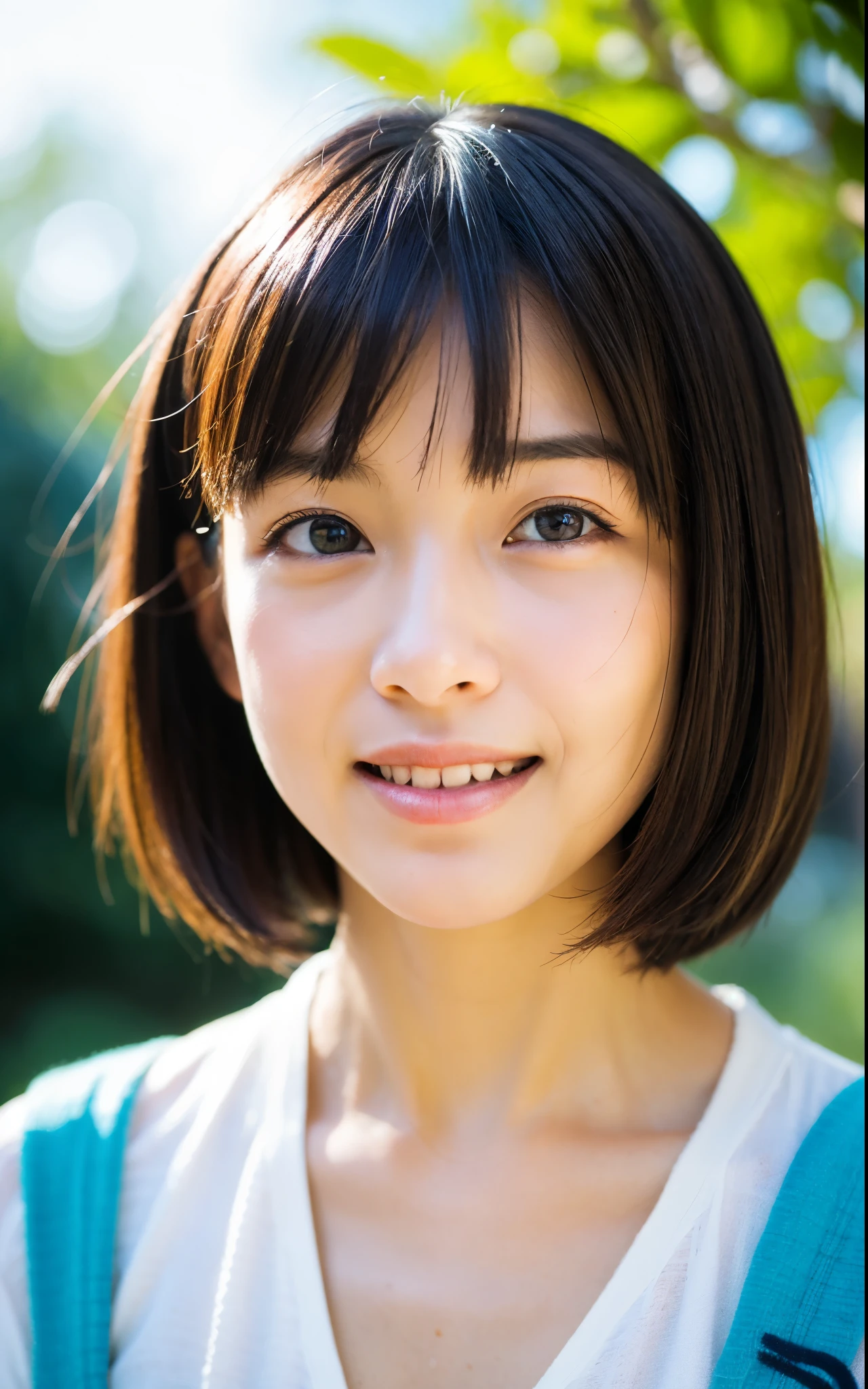 masutepiece, Best Quality, 8K, 1girl in, Good Hand, 14 yo, close up of face, Lively, Active, Life Force, Luminescent, Looking away, Raw photo, F/1.8, 135 mm, NIKON, Anatomically correct, Bokeh,Textured skin, Professional Photography, Portrait, Soft light, Professional Lighting, Solo, (Smile), Cute, Girly, boobs film grain, (Eyes and faces with detailed:1.0), Brown hair, Short hair swaying in the wind, Bangs