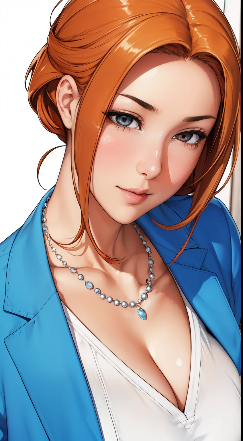 white background,
Blue_Jacket,white_Shirt,Business Suit, 鎖骨, cleavage, 
Jewelry,Pedras preciosas,Necklace, 
Orange hair,Bangs,brown_Eyes,
1 girl, 20yr old,infp young woman,Beautiful Finger,Beautiful long legs,Beautiful body,Beautiful nose,Beautiful character design, Perfect eyes, Perfect face,Expressive eyes,Perfect balance,
Looking at Viewer,(Focus on her face),Closed mouth, (Innocent_Big_Eyes:1.0),light_Smile,
Official art,the Extremely Detailed CG Unity 8K Wallpapers, Perfect Lighting,Colorful, Bright_front_Face_Lighting,Shiny skin, 
(masutepiece:1.0),(best_quality:1.0), 超hight resolution,4K,Ultra-detailed,
Photography, 8K, nffsw, hight resolution, absurderes:1.2, Kodak Portra 400, Film grain, Blurry background, Bokeh:1.2, Lens Flare, (Vibrant_Color:1.2),professional photograpy, 
(Beautiful,Large_breasts:1.4), (Beautiful_Face:1.5),(narrow_waist),