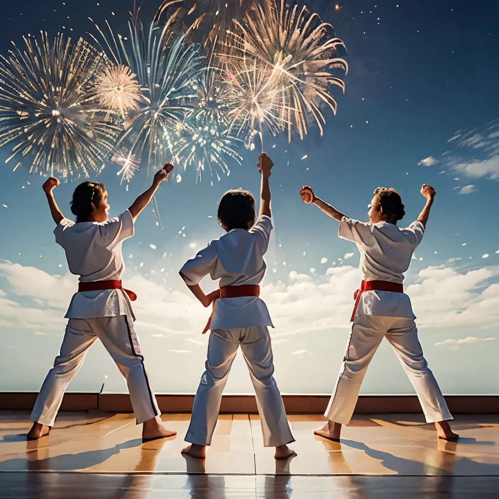 Estilo pixar, a group of children, vestidas com fato de karate branco, festejar passagem de ano, fireworks from behind