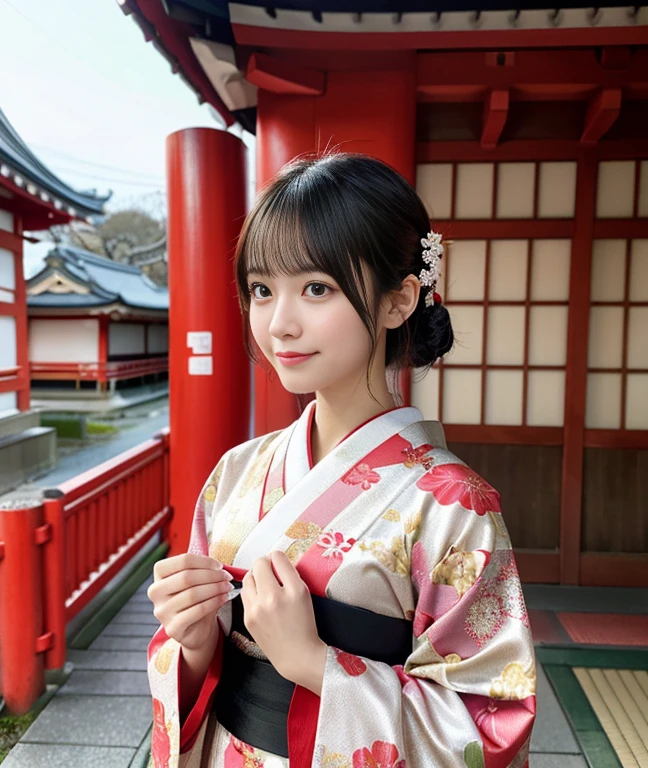 masutepiece, super detailed fine details, hight resolution, Raw photo、Perfect dynamic composition, Shrine of Japan、Saiquan box、New Year's morning、New Year&#39;s visit date、Congratulatory atmosphere、Layered Cut Hair、Bright girl、