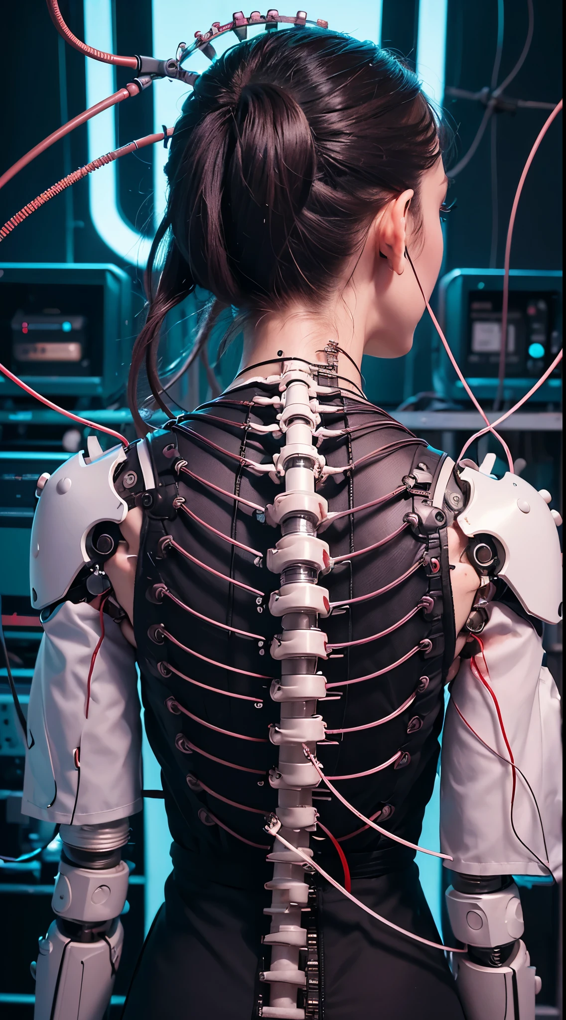 (((masterpiece)))、((quality))、(the ultra-detailed)、8K、(Very noble and beautiful))、电影灯光、((1 mechanical girl))、look here、White ceramic body、a purple eye、Colossal tits、Cracks are visible、Single、(Mechanical joint:1.4)、((Mechanical limb))、(The blood vessels are attached to the tube)、((The mechanical spine is fixed to the back))、((Mechanical cervical spine fixation in the neck))、(wires and cables attached to head and body:1.5)、 neon light detail、scientific fiction、cow boy shot、The background is a cyberpunk city、