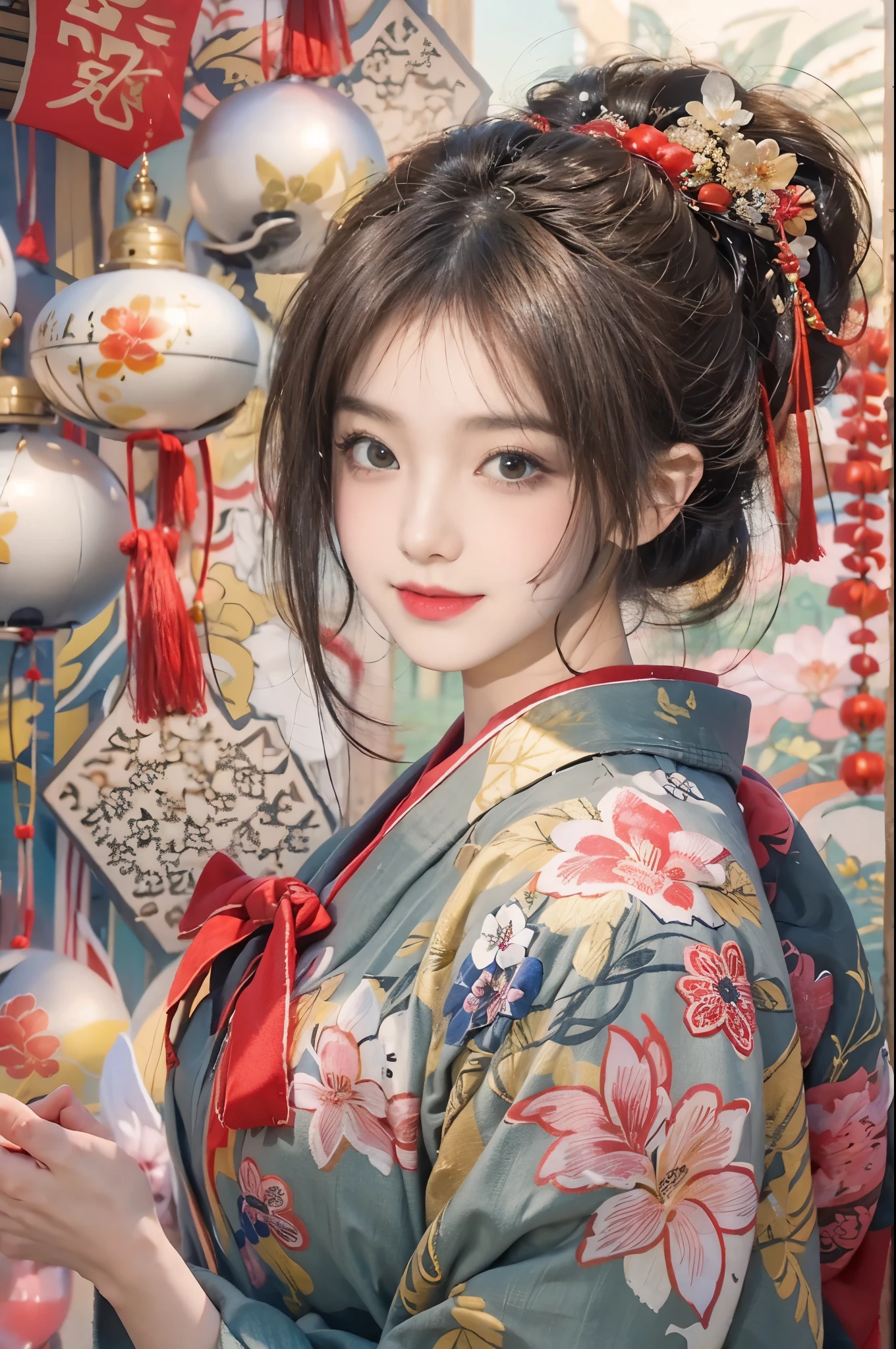 In a picturesque New Year's scene, envision a 28-year-old brunette woman with her hair elegantly tied up, donning a traditional kimono as she delivers heartfelt New Year's greetings. Surround her with symbolic elements of the season, such as Mount Fuji, hawks, and auspicious items like three eggplants (representing good fortune). Set the atmosphere in a celebratory tone, with vibrant colors and a sense of joy permeating the air. Provide rich details to encapsulate the beauty of this moment, blending tradition and festivity as she welcomes the New Year with grace and charm.