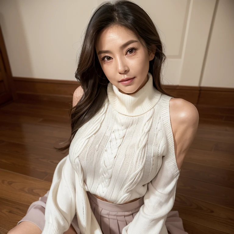 Best Quality, hight resolution, Hires, Skin definition, Detailed skin, Detailed eyes, Detailed face, 4K, 日本人A MILF, ((独奏)), (((70 years old))), (Wrinkles at the corners of the eyes:1.6), (nasolabial folds:1.3), A MILF, glamor, A sexy, Chromo-white skin, ((Wavy Longhair)), Looking at Viewer,(((my skin is old))), ((muscles are old)), (((A slender))), ((Saggy udder)), (Saggy buttocks), ((Japanese Models)), 4K, (photoRealistic:1.5), Realistic, nffsw, Beautiful, Bimbo, Perfect makeup, small diamond necklace, piercings, ((Brown coat, White turtleneck sweater, sleeveless, Argyle pattern pleated skirt, Black long boots )), ssmile, Public places,Full body photo,