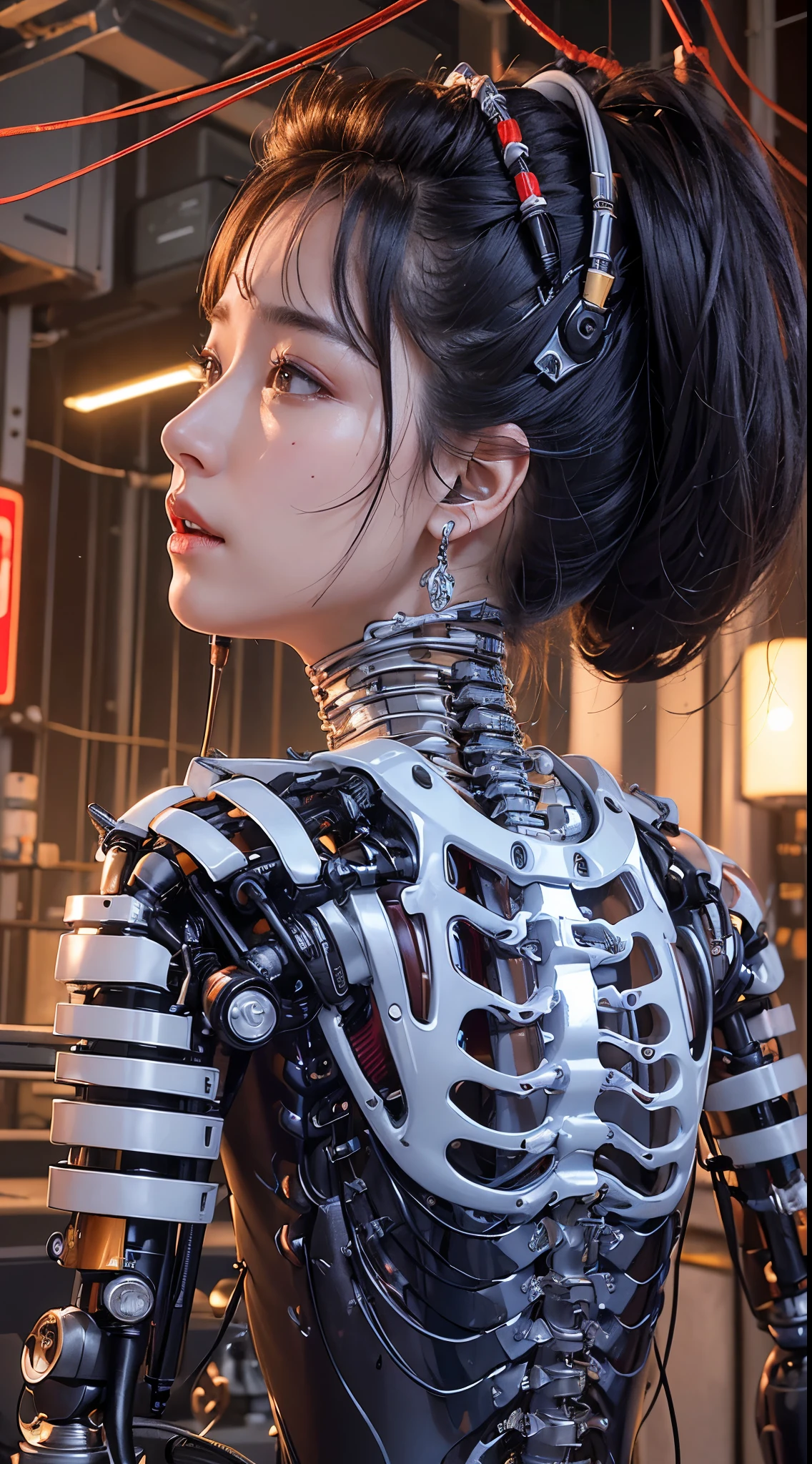 (((masterpiece)))、((quality))、(the ultra-detailed)、8K、(Very noble and beautiful))、电影灯光、((1 mechanical girl))、look here、White ceramic body、a purple eye、Colossal tits、Cracks are visible、Single、(Mechanical joint:1.4)、((Mechanical limb))、(The blood vessels are attached to the tube)、((The mechanical spine is fixed to the back))、((Mechanical cervical spine fixation in the neck))、(wires and cables attached to head and body:1.5)、 neon light detail、scientific fiction、cow boy shot、The background is a cyberpunk city、