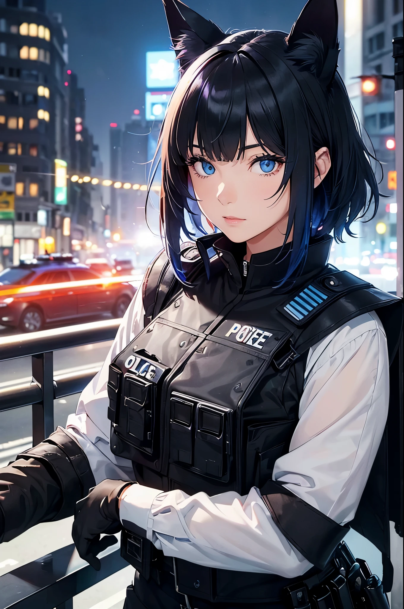 a 25 yo woman(Police officer London shorthair cat、Horse Ear、Her eyes are blue，It was beautiful.、Black bulletproof vest、New York City night view background、red and blue police lighteat、Crime scene、detailed detail