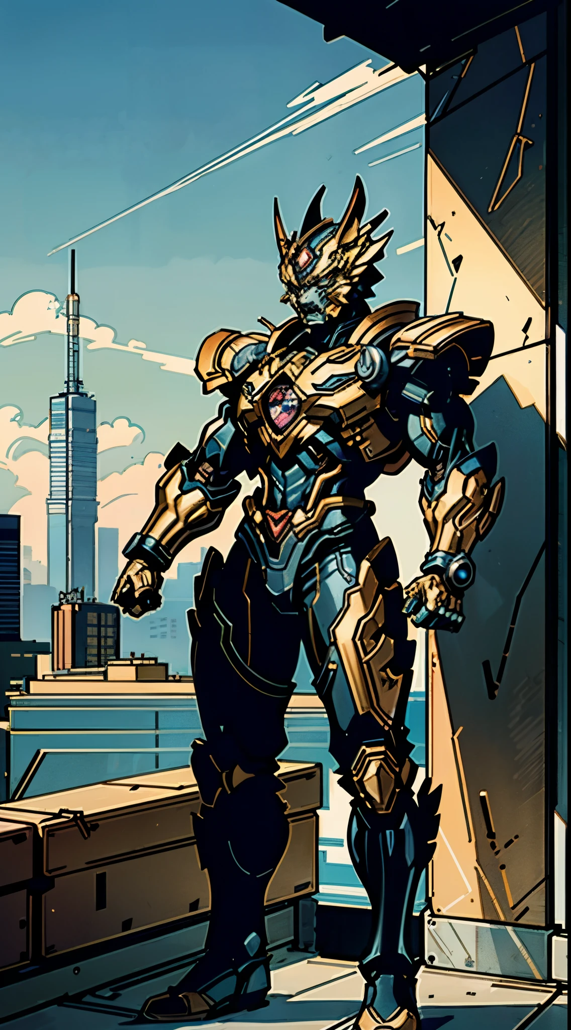 A super a high-tech biotech battle suit, standing on a rooftop, looking over the city, Japanese tokusatsu and American comic style, biometallic texture of the suit, sleek and shiny, dynamic, fast, natural light, cinematic, high quality, high resolution, high detail, sophisticated design, dramatic, high definition, ultra-detailed, ultra-fine painting, extremely delicate, creativity, Natural light, cinematic lighting, best shadow, masterpiece-anatomy-perfect