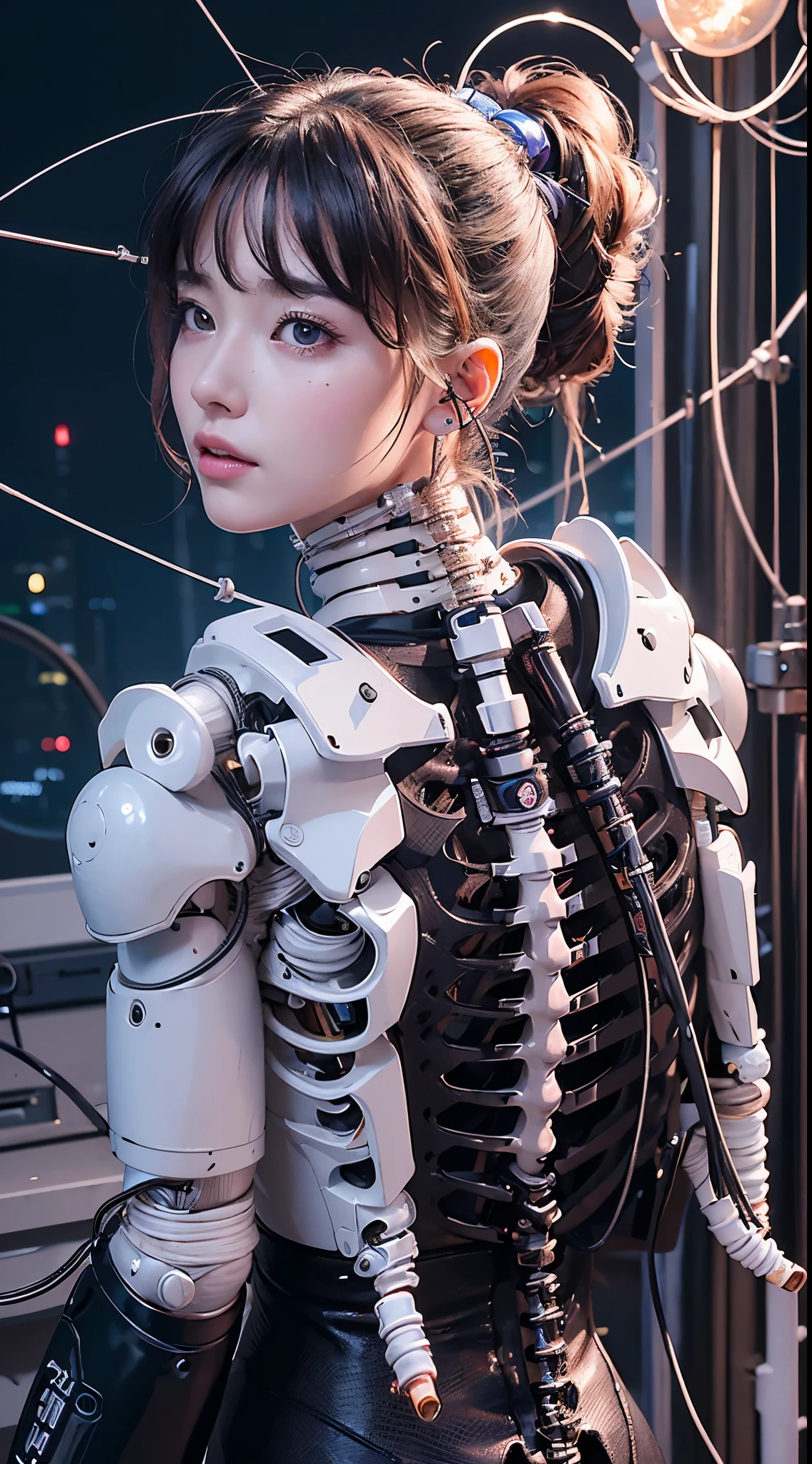 (((masterpiece)))、((quality))、(the ultra-detailed)、8K、(Very noble and beautiful))、电影灯光、((1 mechanical girl))、look here、White ceramic body、a purple eye、Colossal tits、Cracks are visible、Single、(Mechanical joint:1.4)、((Mechanical limb))、(The blood vessels are attached to the tube)、((The mechanical spine is fixed to the back))、((Mechanical cervical spine fixation in the neck))、(wires and cables attached to head and body:1.5)、 neon light detail、scientific fiction、cow boy shot、The background is a cyberpunk city、