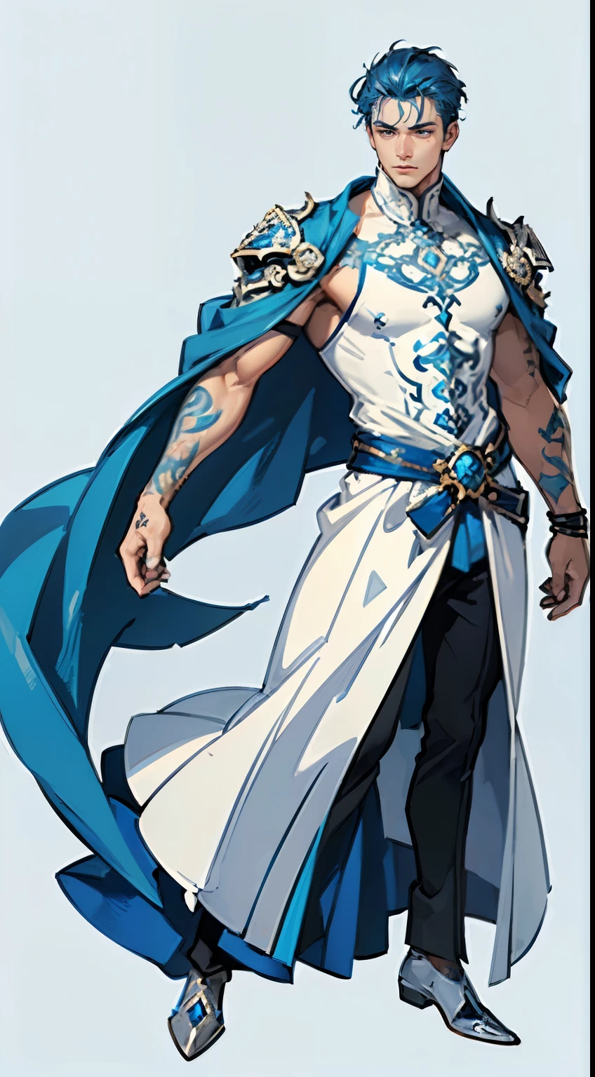 ((masterpiece,best quality,8k,highres)),((character concept art)), 1 male, young male adult, Ice God, 185cm height, buzz cut hairstyle (blue hair colour), ultra finely detailed eyes (blue eyes colour), extraordinary handsome, charming, serious face, menacing, athletic body build ((muscular)), tattoos around body, full tattoos, ((intricate detail)), super finely detailed hands, ultra finely detailed fingers(((ten fingers))), royal king outfit (white and blue colour outfit), (standing still), (full body showcase), (show full body), (no logos on background), (no logo), ((plain background)), ((plain background)), (((empty background)))