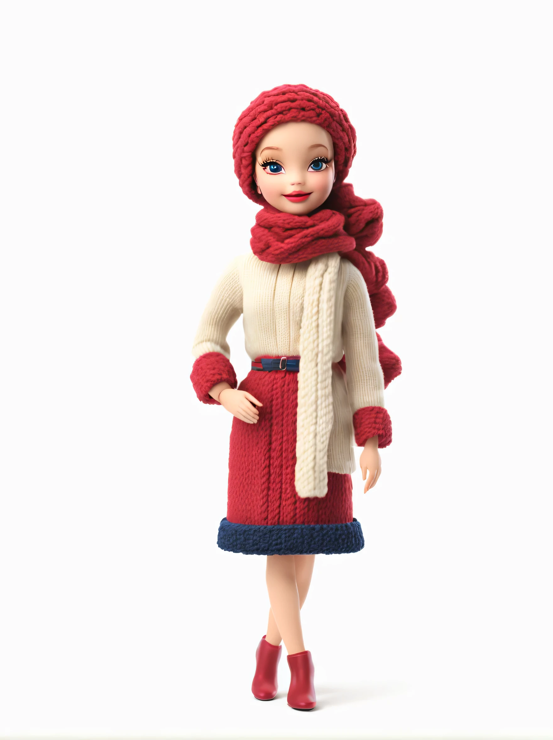 （Plush toy design），（wool craft），Cute Barbie doll and playful dragon，Wear it with a sweater and scarf， Paris winter haute couture ，Cute 3d rendering，Background with：dark navy blue+Room temperature wine red，Cute and detailed digital art，Miniature feeling，stylized 3d render，3d rendered figure art 8k，lovely digital painting，Anime style 3D，Ultra-detailed rendering