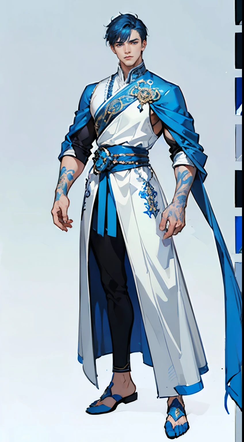 ((masterpiece,best quality,8k,highres)),((character concept art)), 1 male, young male adult, Ice God, 185cm height, buzz cut hairstyle (blue hair colour), ultra finely detailed eyes (blue eyes colour), extraordinary handsome, charming, serious face, menacing, athletic body build ((muscular)), tattoos around body, full tattoos, ((intricate detail)), super finely detailed hands, ultra finely detailed fingers(((ten fingers))), royal king outfit (white and blue colour outfit), (standing still), (full body showcase), (show full body), (no logos on background), (no logo), ((plain background)), ((plain background)), (((empty background)))