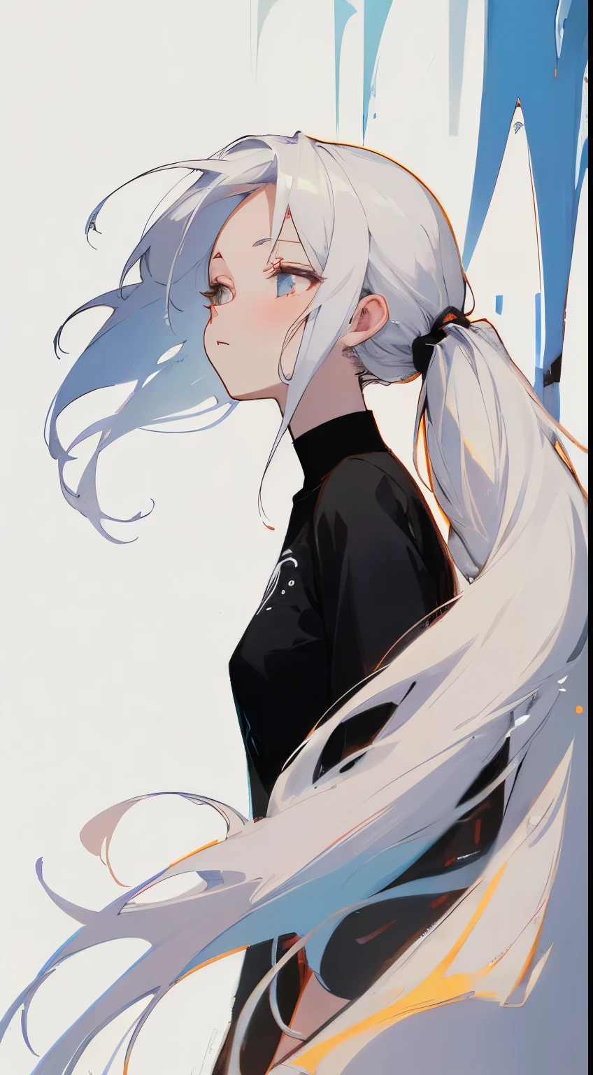 Natural volume lighting and best shadows, depth of fields, foco nítido, a portrait of a beautiful girl, Delicate Beautiful Attractive Face, Sleepy eyes, Small breasts, messy white hair, Long twin tail hairstyles, (of the highest quality, Amazing detail: 1.4), masutepiece, artbook, Vivid Color, {{Full body, White background}} {{{, From Side, look up sky}}}, Contrast Light, {Whitehorn} black shirts, hand, palm