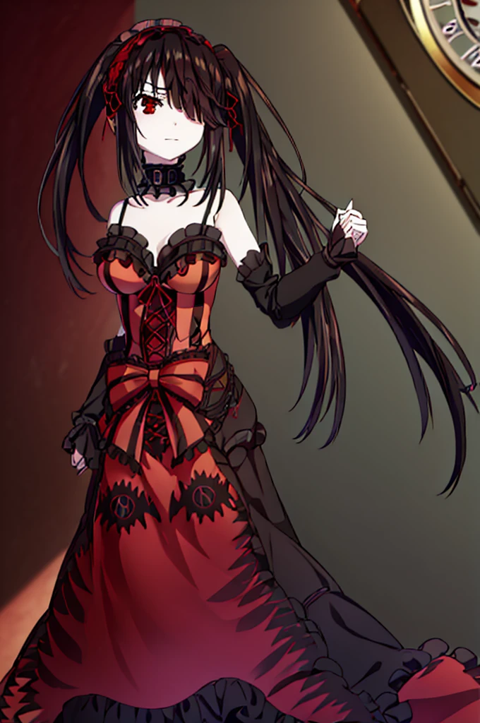 kurumitokisaki, tokisaki kurumi, (clock eyes:1.5), black hair, long hair, twintails, (hair over one eye:1.3), (red eyes:1.5), (medium breast:1.4), smug smile, gothic, pantyhose, black pantyhose, (cowboy shot:1.5),(masterpiece:1.2), best quality, high resolution, unity 8k wallpaper, (illustration:0.8), (beautiful detailed eyes:1.6), extremely detailed face, perfect lighting, extremely detailed CG, (perfect hands, perfect anatomy), cute