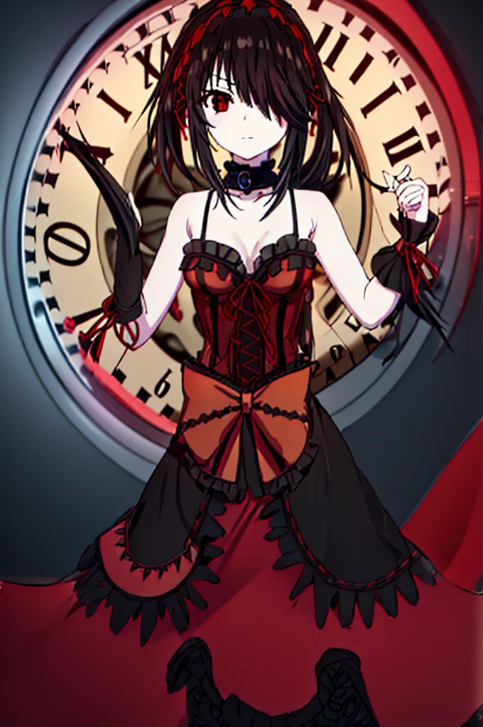 kurumitokisaki, tokisaki kurumi, (clock eyes:1.5), black hair, long hair, twintails, (hair over one eye:1.3), (red eyes:1.5), (medium breast:1.4), smug smile, gothic, pantyhose, black pantyhose, (cowboy shot:1.5),(masterpiece:1.2), best quality, high resolution, unity 8k wallpaper, (illustration:0.8), (beautiful detailed eyes:1.6), extremely detailed face, perfect lighting, extremely detailed CG, (perfect hands, perfect anatomy), cute