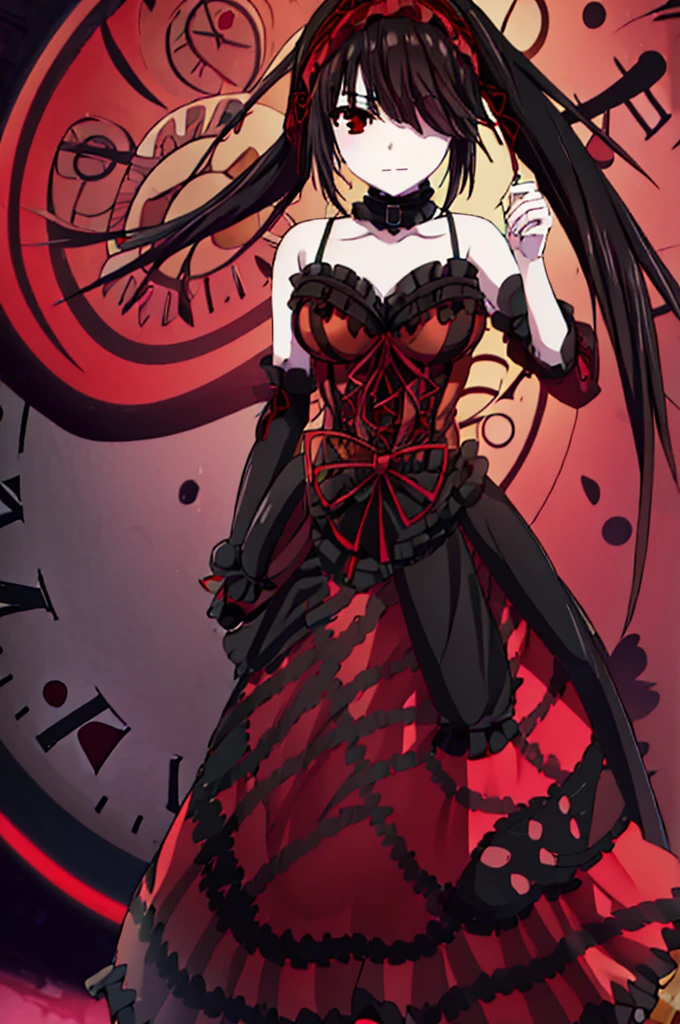 kurumitokisaki, tokisaki kurumi, (clock eyes:1.5), black hair, long hair, twintails, (hair over one eye:1.3), (red eyes:1.5), (medium breast:1.4), smug smile, gothic, pantyhose, black pantyhose, (cowboy shot:1.5),(masterpiece:1.2), best quality, high resolution, unity 8k wallpaper, (illustration:0.8), (beautiful detailed eyes:1.6), extremely detailed face, perfect lighting, extremely detailed CG, (perfect hands, perfect anatomy), cute