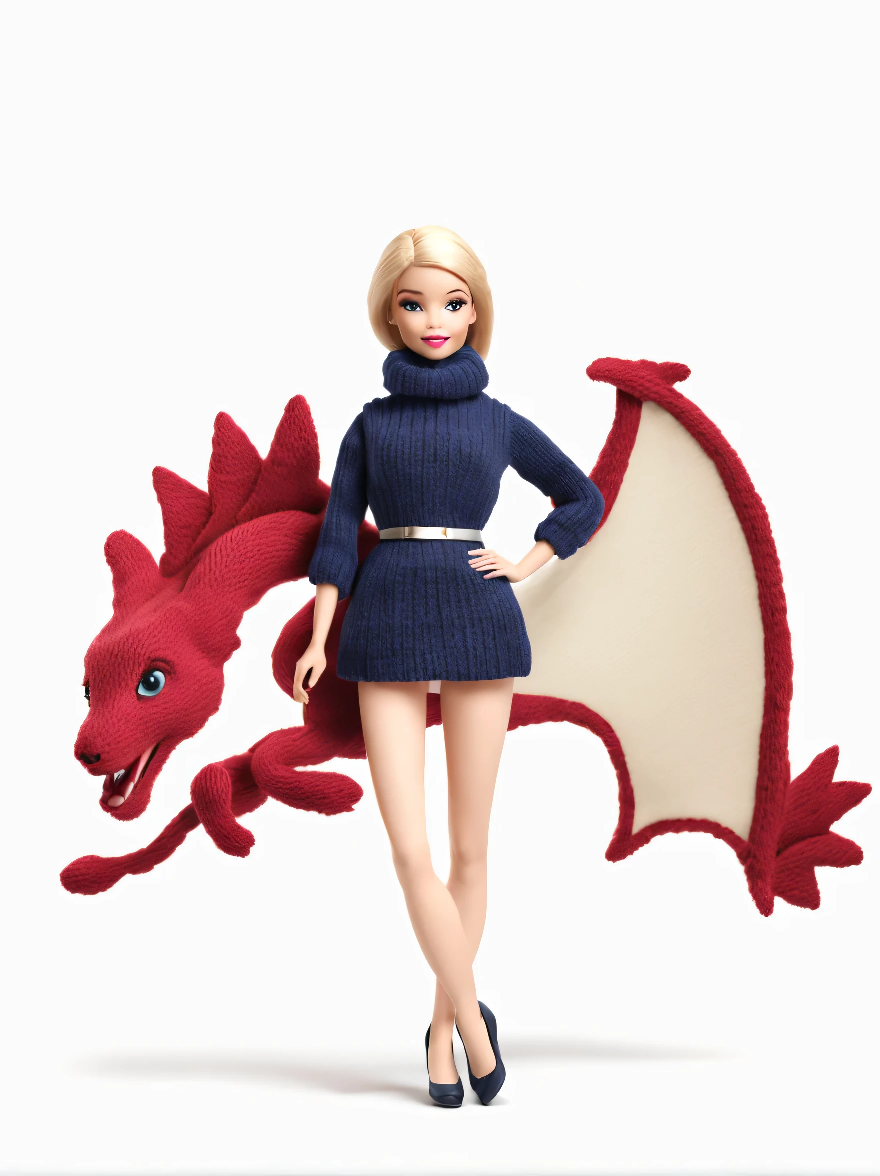 (Plush toy design),(wool craft),Cute Barbie doll and playful dragon,Wear it with a sweater and scarf, Paris winter haute couture ,Cute 3d rendering,Background with:dark navy blue+Room temperature wine red,Cute and detailed digital art,Miniature feeling,stylized 3d render,3d rendered figure art 8k,lovely digital painting,Anime style 3D,Ultra-detailed rendering