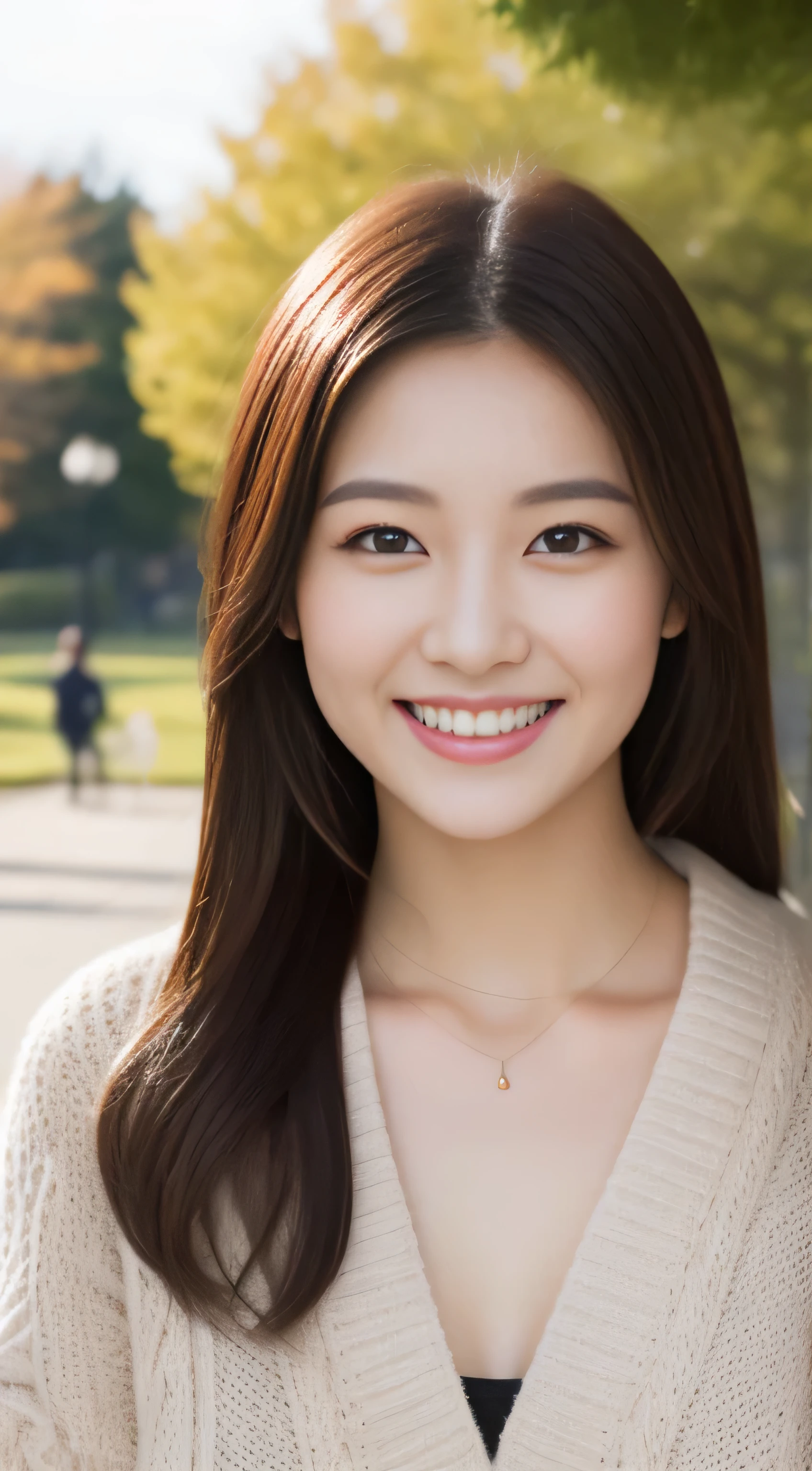 The face of the hostess、Winter Outfit、hiquality、A hyper-realistic、healthy、Smiling expression、Slender perfect figure、Japan beauties、 a necklace、perfect eyes beautiful skin、The upper part of the body、a park