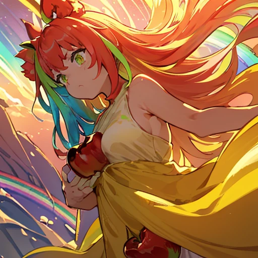 A girl covered in apple parfait serving a large apple、Amazing dynamism、Amazing Angle、unstable anti-gravity sandstorm、((Many friendly rainbow-colored large apples float closely together and chase each other.))、((surround each other'rainbow-colored large apple))
