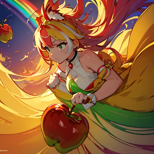 A girl covered in apple parfait serving a large apple、Amazing dynamism、Amazing Angle、unstable anti-gravity sandstorm、((Many friendly rainbow-colored large apples float closely together and chase each other.))、((surround each other&#39;rainbow-colored large apple))