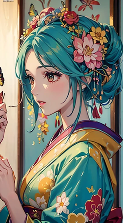 ((8k wallpaper of extremely detailed CG unit, masterpiece, hight resolution, top-quality, top-qualityのリアルテクスチャスキン)), ((a very beautiful woman, Plump lips, The upper part of the body, Japanese pattern haori,)), ((colorful wall with geometric pattern, Japanese pattern wall, warm color, butterflys, florals)), hyper realisitic, digitial painting,