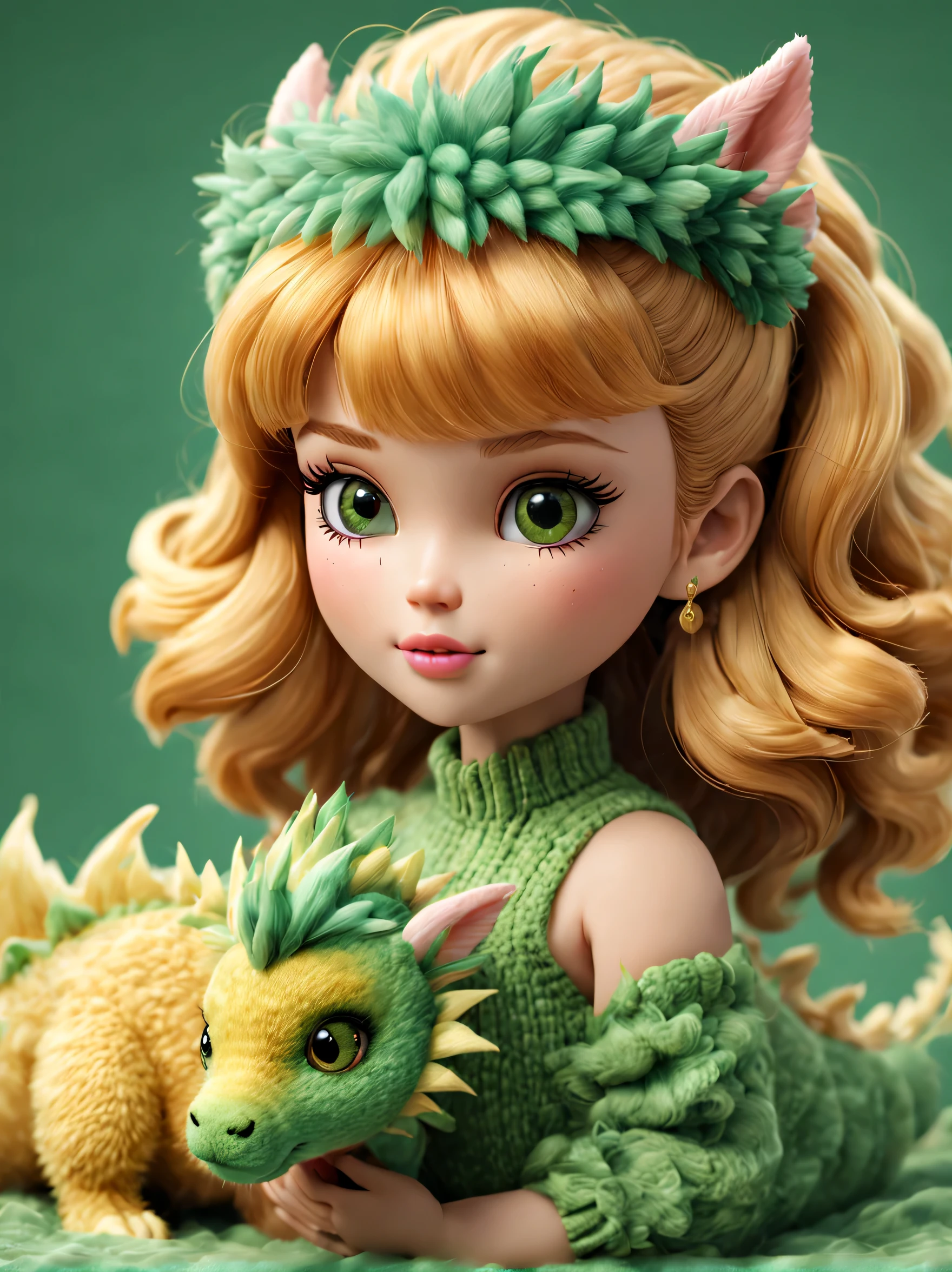 (Plush toy design),Naughty and cute Barbie doll and little dragon,(wool craft),Fluffy ,Cute 3d rendering,Background with:golden brown and cedar green,Cute and detailed digital art,Miniature feeling,stylized 3d render,3d rendered figure art 8k,lovely digital painting,Anime style 3D,Ultra-detailed rendering