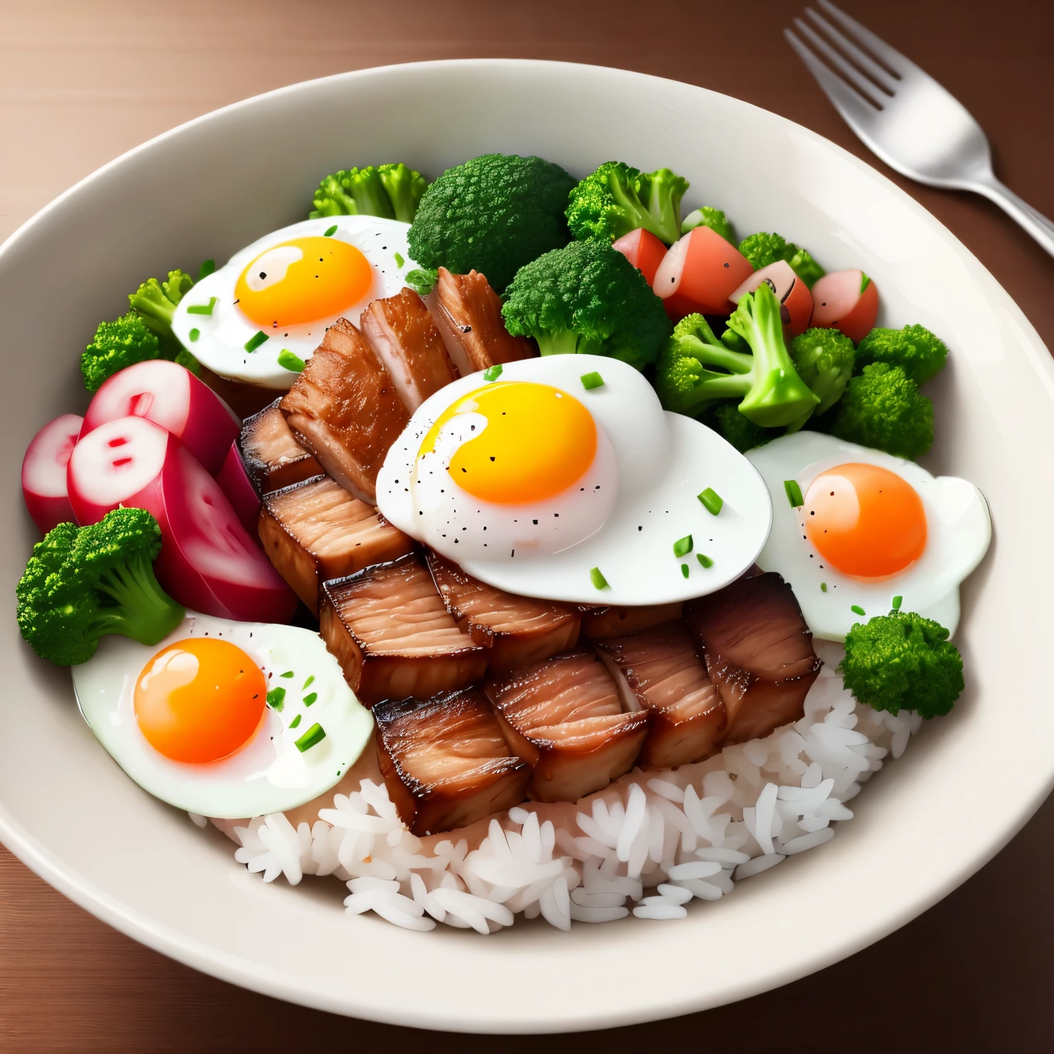 Dog eating, animation, high quality, high resolution, rice bowl, fried egg, braised pork, diced radish, beans, rice, broccoli