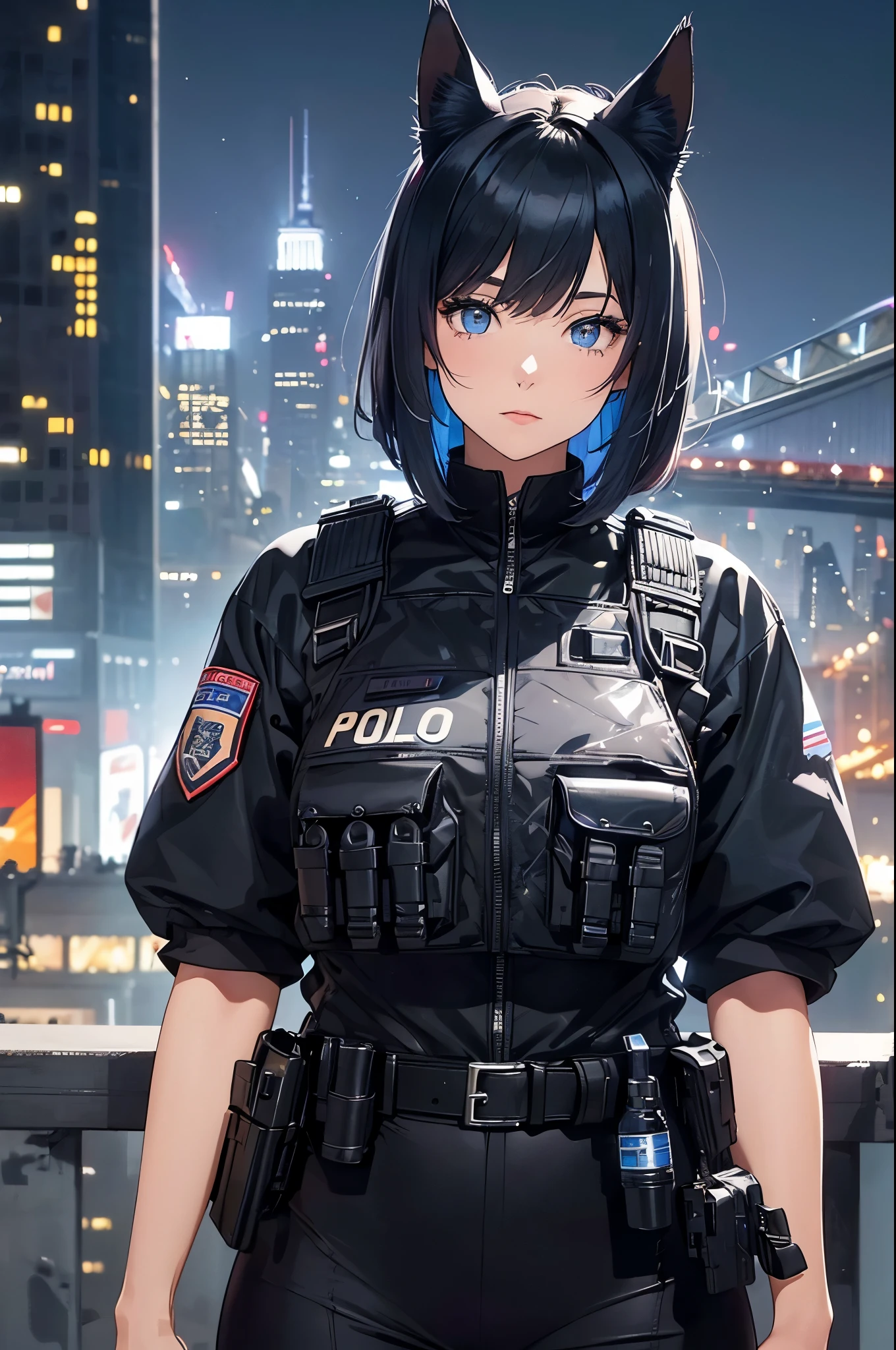 a 25 yo woman(Police officer London shorthair cat、Horse Ear、Her eyes are blue,It was beautiful.、Black bulletproof vest、New York City night view background、red and blue police lighteat、Crime scene、detailed detail