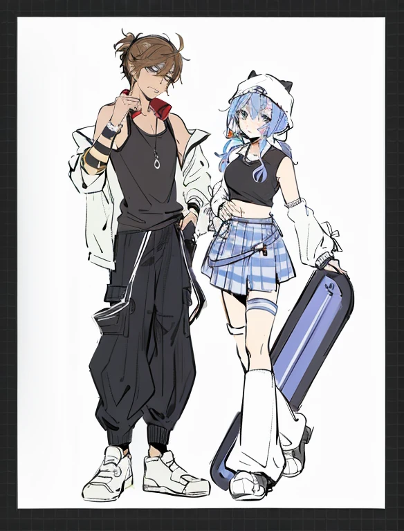 anime figure，Sport Tank Top，short plaid skirt，White socks，skateboardlue double ponytail