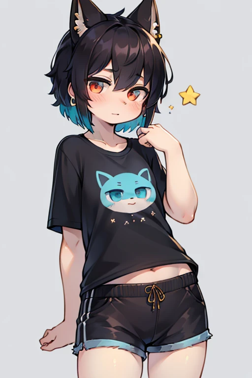 Keith, Girl, black wool, black gut, short comb, black hair, three gold earrings, hot hot eyes, cute face, kindness, stars, cyan top, blue t-shirt, gray shorts, fluffy