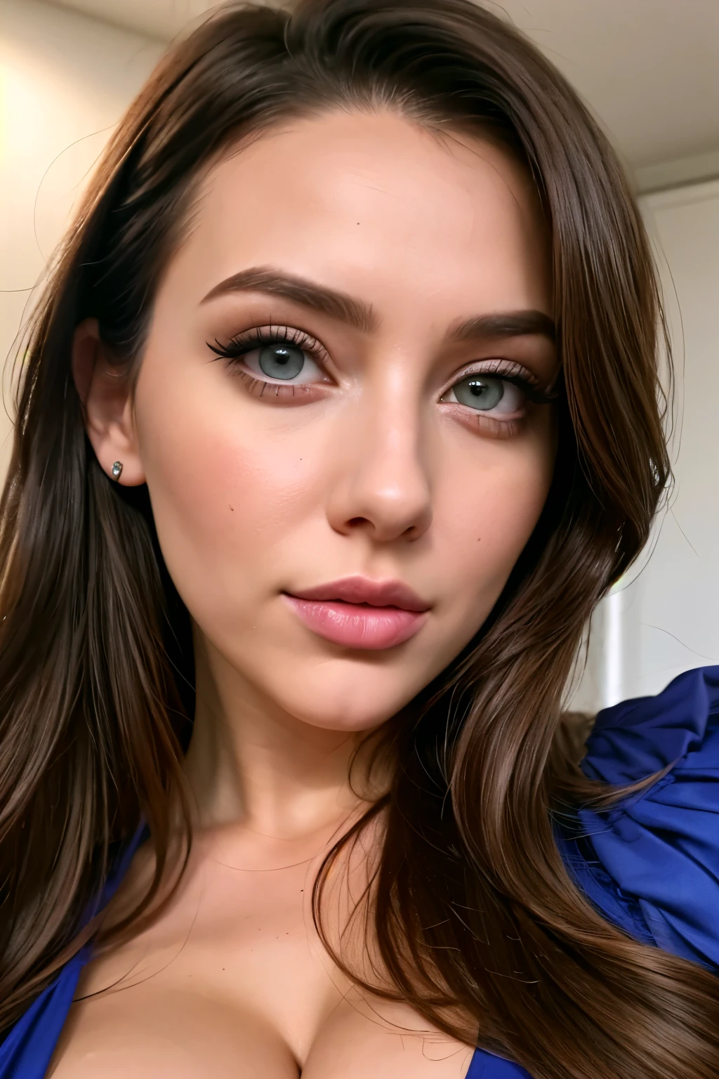 Close-up of woman in blue dress, posing for photography, violet myers, jaw dropping beauty, jaw dropping beauty, angelawhite, instagram model, 18 years, sexy look at the camera, anna nikonova aka newmilky, Busty, , sexy face, Very sexy, She has a pretty face, cleavage