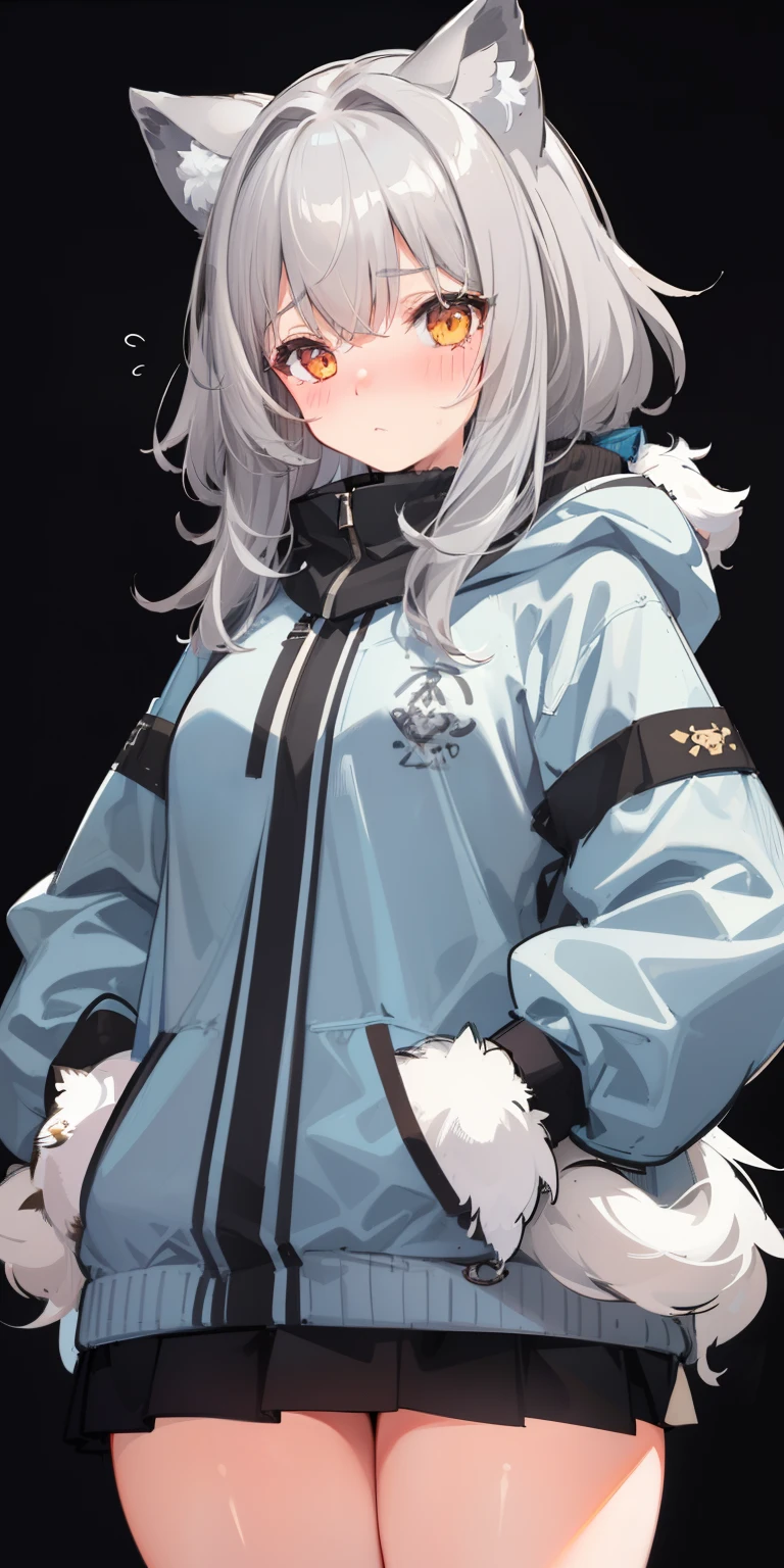 (sketch drawing), (old art style), (1girl), (blushing cheeks), (without emotions:1.3), (pallas's cat ears), (gray hair), (thick fluffy hair), (medium hair), ( thick gray fur pallas's cat coat), ((cold))