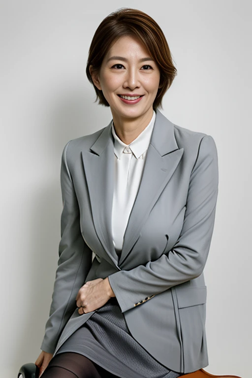 Best Quality, hight resolution, Hires, Skin definition, Detailed skin, Detailed eyes, Detailed face, 4K, 日本人A MILF, ((独奏)), (((50 years old))), (Wrinkles at the corners of the eyes:1.6), (nasolabial folds:1.6), A MILF, glamor, A sexy, Chromo-white skin, ((Wavy Shorthair)), Looking at Viewer,(((Aging skin:0.9))), ((loose muscles:0.9)), (((A slender))), (((Very large breasts:1.28))), ((Saggy udder)), (Saggy buttocks), ((Japanese Models)), 4K, (photoRealistic:1.5), Realistic, nffsw, Beautiful, Bimbo, Perfect makeup, small diamond necklace, piercings, (((Gray business suit, white undershirt, pantyhose, tight skirts, high-heels))), ssmile, Public places,Full body photo,