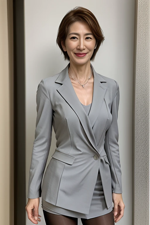 Best Quality, hight resolution, Hires, Skin definition, Detailed skin, Detailed eyes, Detailed face, 4K, 日本人A MILF, ((独奏)), (((50 years old))), (Wrinkles at the corners of the eyes:1.6), (nasolabial folds:1.6), A MILF, glamor, A sexy, Chromo-white skin, ((Wavy Shorthair)), Looking at Viewer,(((Aging skin:0.9))), ((loose muscles:0.9)), (((A slender))), (((Very large breasts:1.28))), ((Saggy udder)), (Saggy buttocks), ((Japanese Models)), 4K, (photoRealistic:1.5), Realistic, nffsw, Beautiful, Bimbo, Perfect makeup, small diamond necklace, piercings, (((Gray business suit, white undershirt, pantyhose, tight skirts, high-heels))), ssmile, Public places,Full body photo,