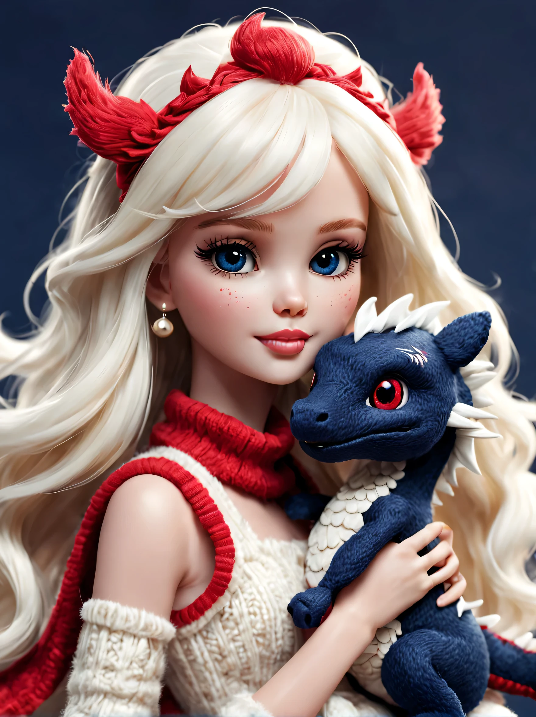 (Plush toy design),Naughty and cute Barbie doll and little dragon,(wool craft),Fluffy ,Cute 3d rendering,Background with:dark navy blue、off-white and merno red,Cute and detailed digital art,Miniature feeling,stylized 3d render,3d rendered figure art 8k,lovely digital painting,Anime style 3D,Ultra-detailed rendering