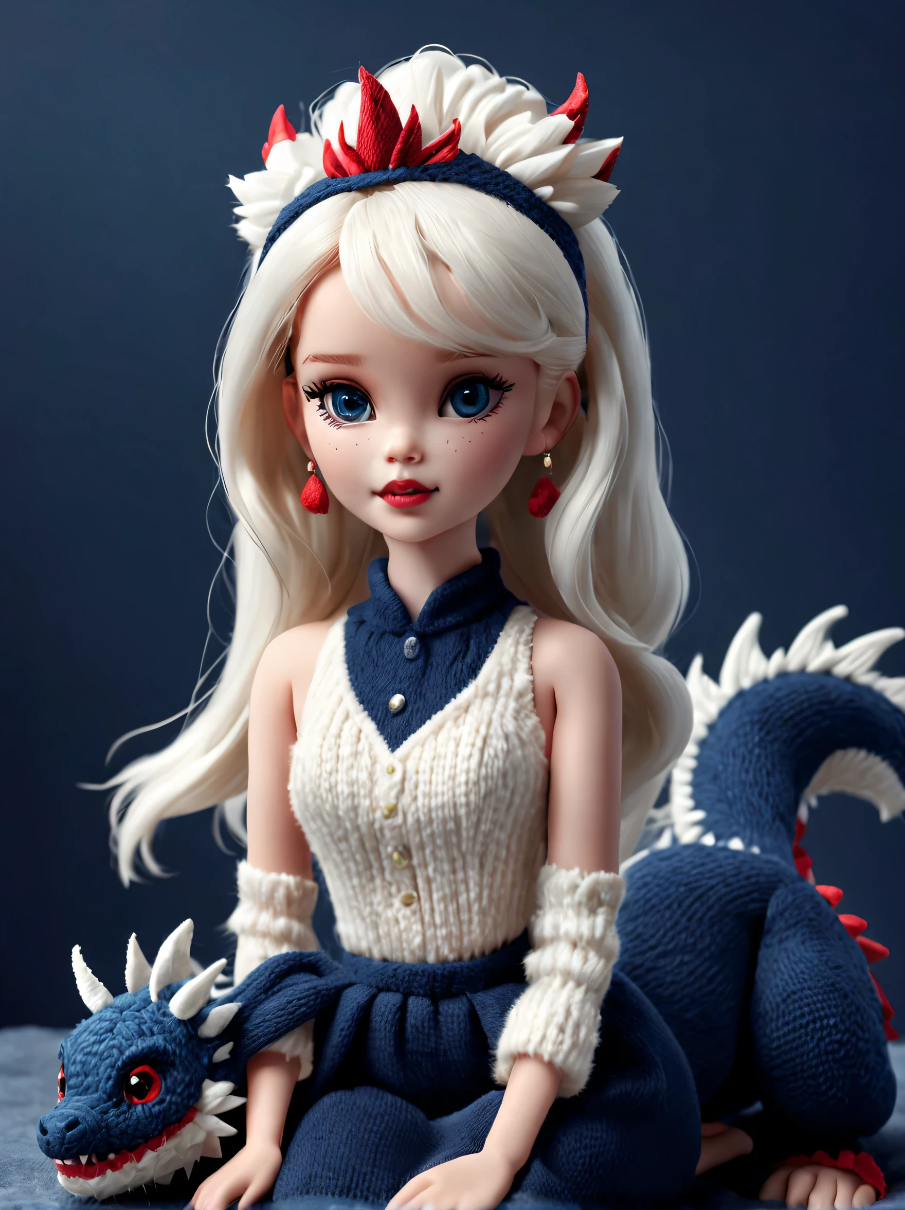 (Plush toy design),Naughty and cute Barbie doll and little dragon,(wool craft),Fluffy ,Cute 3d rendering,Background with:dark navy blue、off-white and merno red,Cute and detailed digital art,Miniature feeling,stylized 3d render,3d rendered figure art 8k,lovely digital painting,Anime style 3D,Ultra-detailed rendering