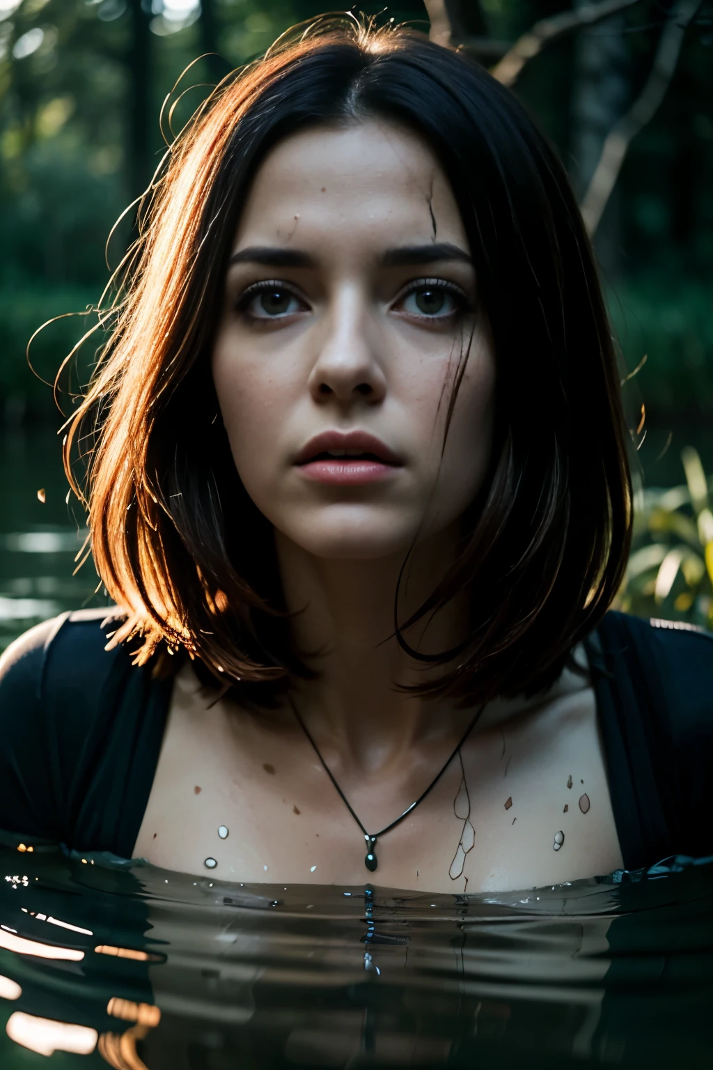 "(Best Quality,hight resolution:1.2),The woman,Expressive wrinkles,Bob haircut,Jeans,blouse,thicket,woods,(drowning in a swamp:1.3),thriller,dread,compulsion,Detailed eyes and face,elongated,expression of despair,Dark and moody lighting,Wrestling Hands,ominous vibe,Death Trap,tragic, death,(masochism),Sexual tension,Psychological thriller"