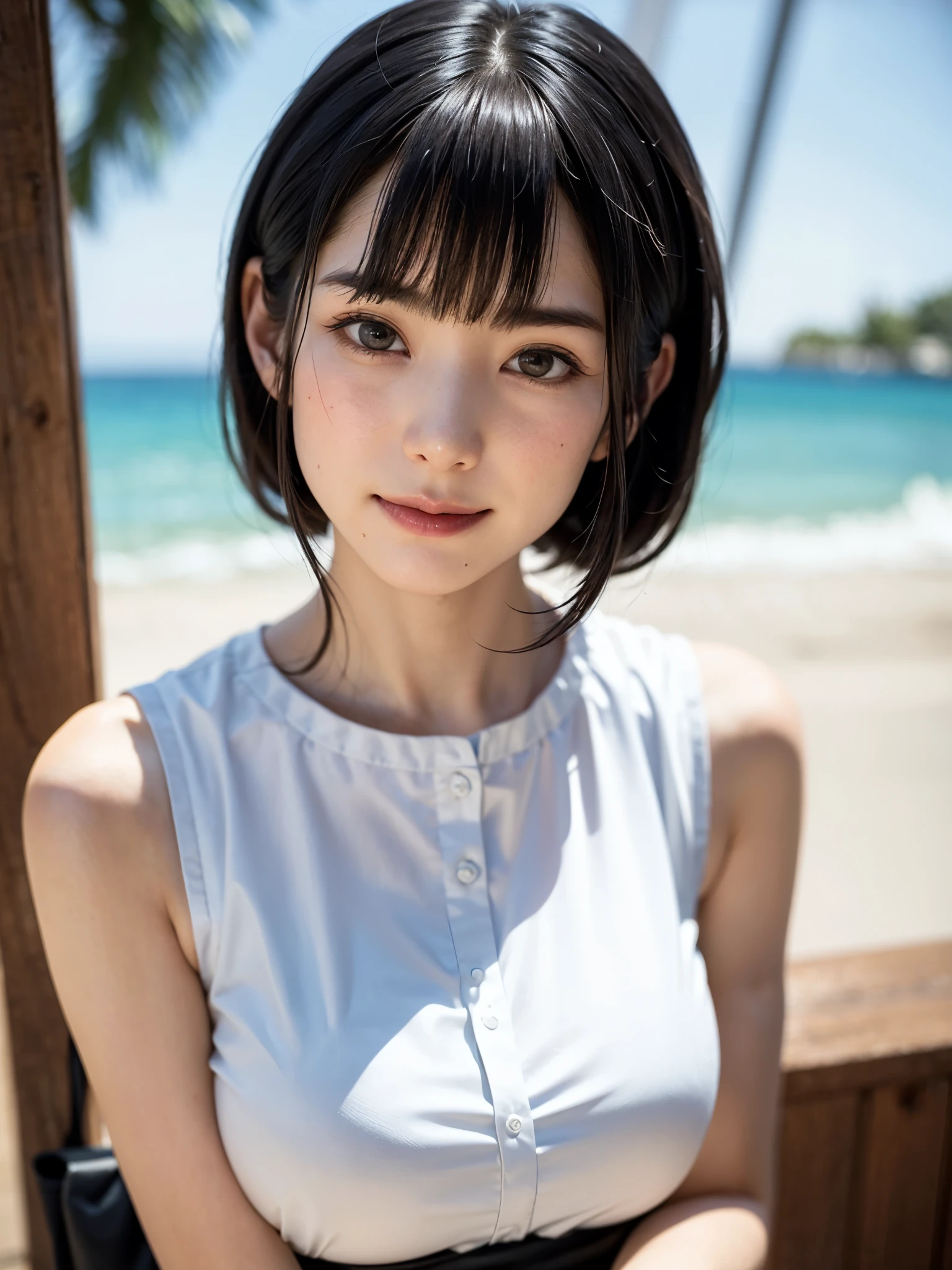 女の子1人、top-quality、realisitic、report、depth of fields、natural soft light、during daytime、魅惑的、beauitful face、Cleanliness、Pure face、de pele branca、cute hawk hair、bangss、the beach、rays of sunshine、Nedium Breast Body Esbian、((Attractive see-through costume、Golden Ratio Beauty Face、 Beautiful symmetrical face))、long neck、Put your ears out、bangssのあるきれいな短いボブヘア、Smile with your mouth closed:1.4、Smile with your mouth closed:1.4、perfect hand指、perfect hand、Perfect body、face perfect、Shine a light into the eyes、Perfect Anatomy:1.4、very cute super model:1.4、sexual:1.4