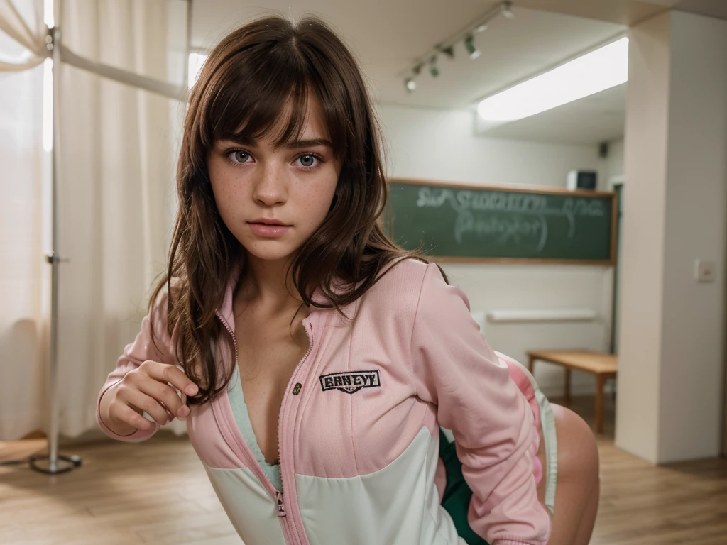 1girl, cute brunette girl, hair bangs, pink sport suit, green eyes, ultra realistic soft skin, extreme detail, high masterpiece, 8k, photography, studio light, ultra realistic lighting, high realistic ray tracing, cowboy dress, RAW photo, photo studio, perfect detailed cute face, perfect age details, school corridor, freckles