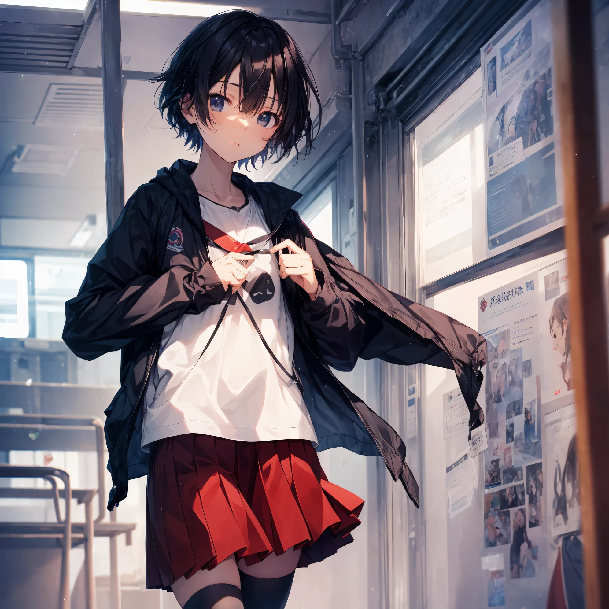 Super high quality by the art god, Ultra-detailed, High resolution, Shinkai Makoto style, anime moe art style, best anime 8K konachan wallpaper, Pixiv Contest Winner, Perfect Anatomy, BREAK,(Please draw a sleepy girl going to school alone.. ),BREAK, a hyperrealistic schoolgirl, (Solo,Lori,child,13years:1.3),Full limbs, complete fingers,a junior high school student, Androgynous attraction, (extra very short hair), hair messy, flat and soft chest, Small butt, groin, Small eyes,Beautiful detailed black eyes, Well-proportioned iris and pupils, disgusted eye, High resolution detailed hair, School uniform, Skirt, On the way to school. BREAK,Ultra-detailed細なスキン, Best lighting by famous artists, 8K, Illustration,