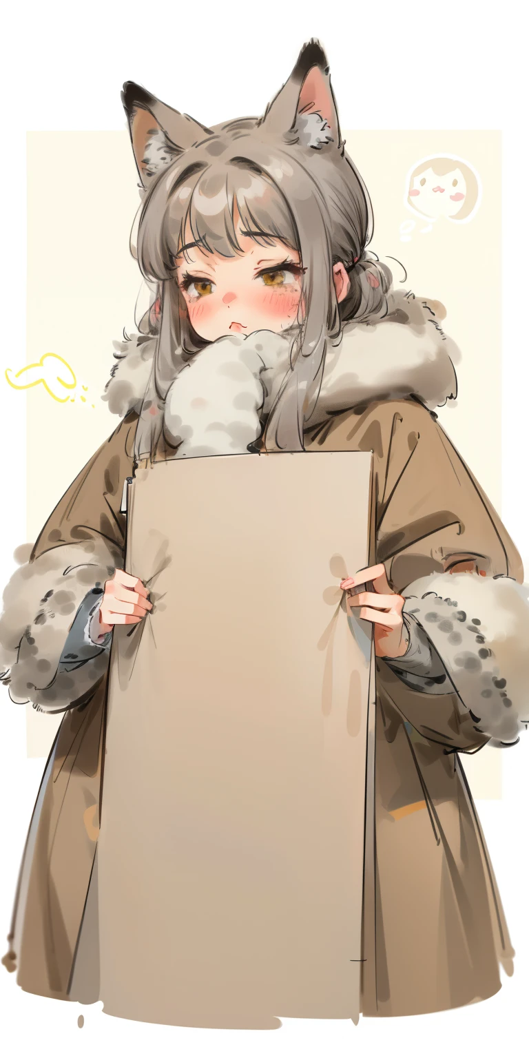 (sketch drawing), (old art style), (1girl), (blushing cheeks), (without emotions:1.3), (pallas's cat ears), (gray hair), (thick fluffy hair), (medium hair), ( thick gray fur pallas's cat coat), ((cold))