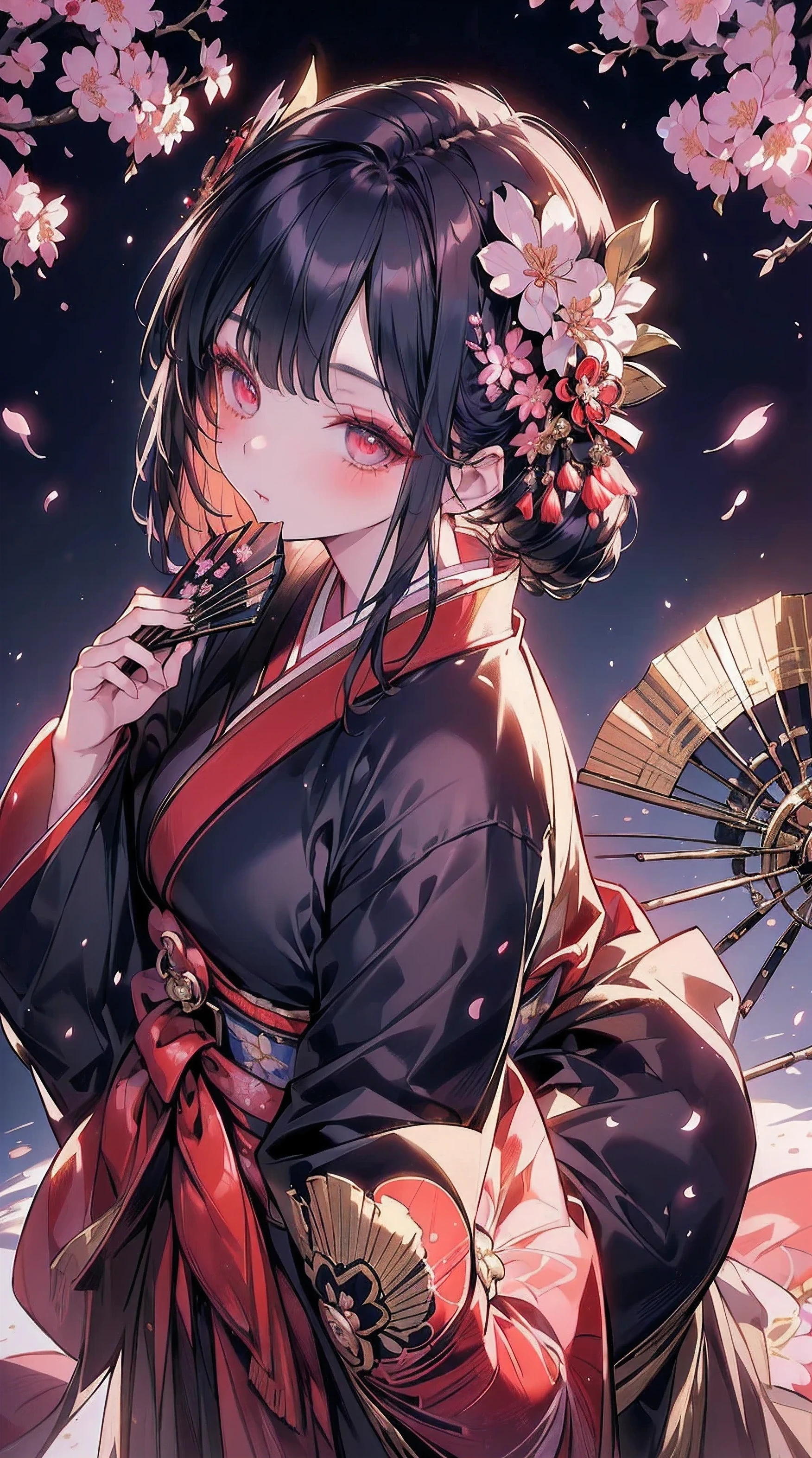 absurderes,(​masterpiece、top-quality、8K ),intricate detailes,ultra-detailliert、1 Beautiful Japan Woman,(Luxury kimono:1.2),(holding fan:1.2),hide face,(Pose Seductive:1.2),(luxury hair ornament:1.2),(cherry blossom in full bloom、lots of flower:1.2),(Beautiful makeup:1.2),(From  above,Looking Up:1.3),Snow-white skin、Hyper realistic,Perfect Anatomy