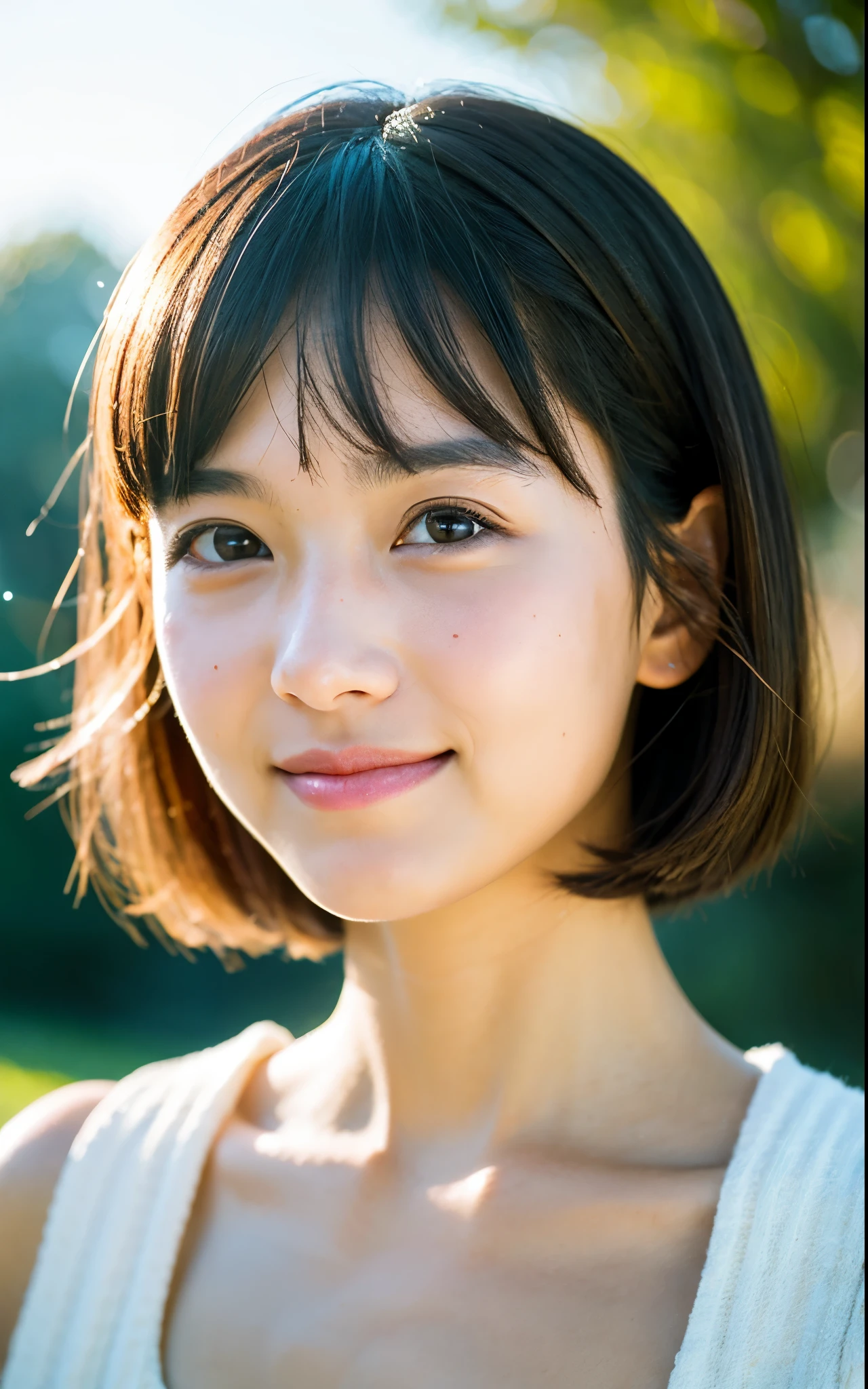 masutepiece, Best Quality, 8K, 1girl in, Good Hand, 14 yo, close up of face, Lively, Active, Life Force, Luminescent, Looking away, Raw photo, F/1.8, 135 mm, NIKON, Anatomically correct, Bokeh,Textured skin, Professional Photography, Portrait, Soft light, Professional Lighting, Solo, (Smile), Cute, Girly, boobs film grain, (Eyes and faces with detailed:1.0), Brown hair, Short hair swaying in the wind, Bangs