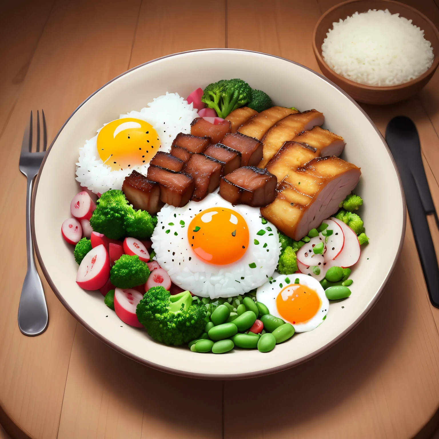 Dog eating, animation, high quality, high resolution, rice bowl, fried egg, braised pork, diced radish, beans, rice, broccoli