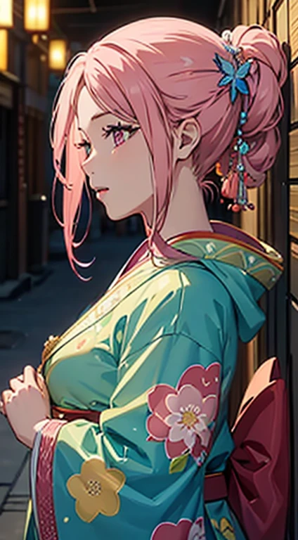 ((8k wallpaper of extremely detailed CG unit, masterpiece, hight resolution, top-quality, top-qualityのリアルテクスチャスキン)), ((a very beautiful woman, Plump lips, The upper part of the body, Japanese pattern haori,)), ((colorful wall with geometric pattern, Japanese pattern wall, warm color, butterflys, florals)), hyper realisitic, digitial painting,Pink hair、Pink eyes、Red kimono