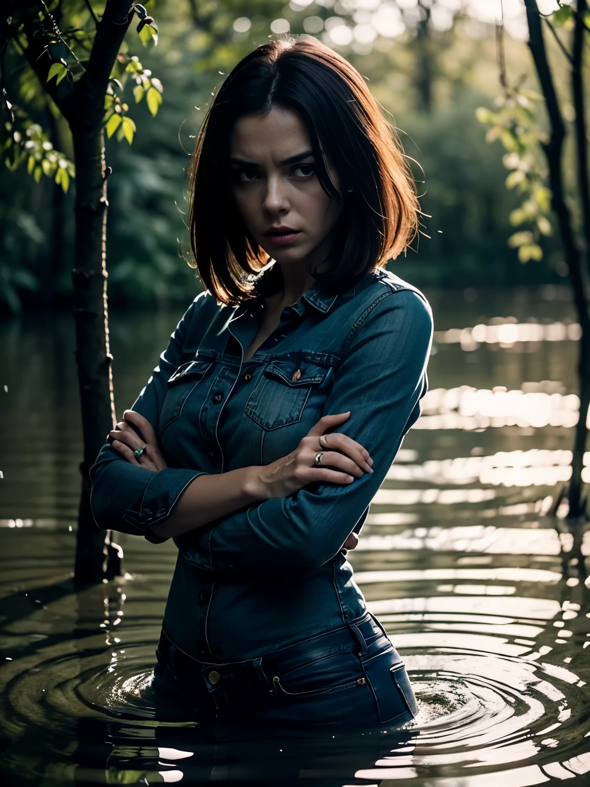 "(Best Quality,hight resolution:1.2),The woman,Expressive wrinkles,Bob haircut,Jeans,blouse,thicket,woods,(drowning in a swamp:1.3),thriller,dread,compulsion,Detailed eyes and face,elongated,expression of despair,Dark and moody lighting,Wrestling Hands,ominous vibe,Death Trap,tragic, death,(masochism),Sexual tension,Psychological thriller"