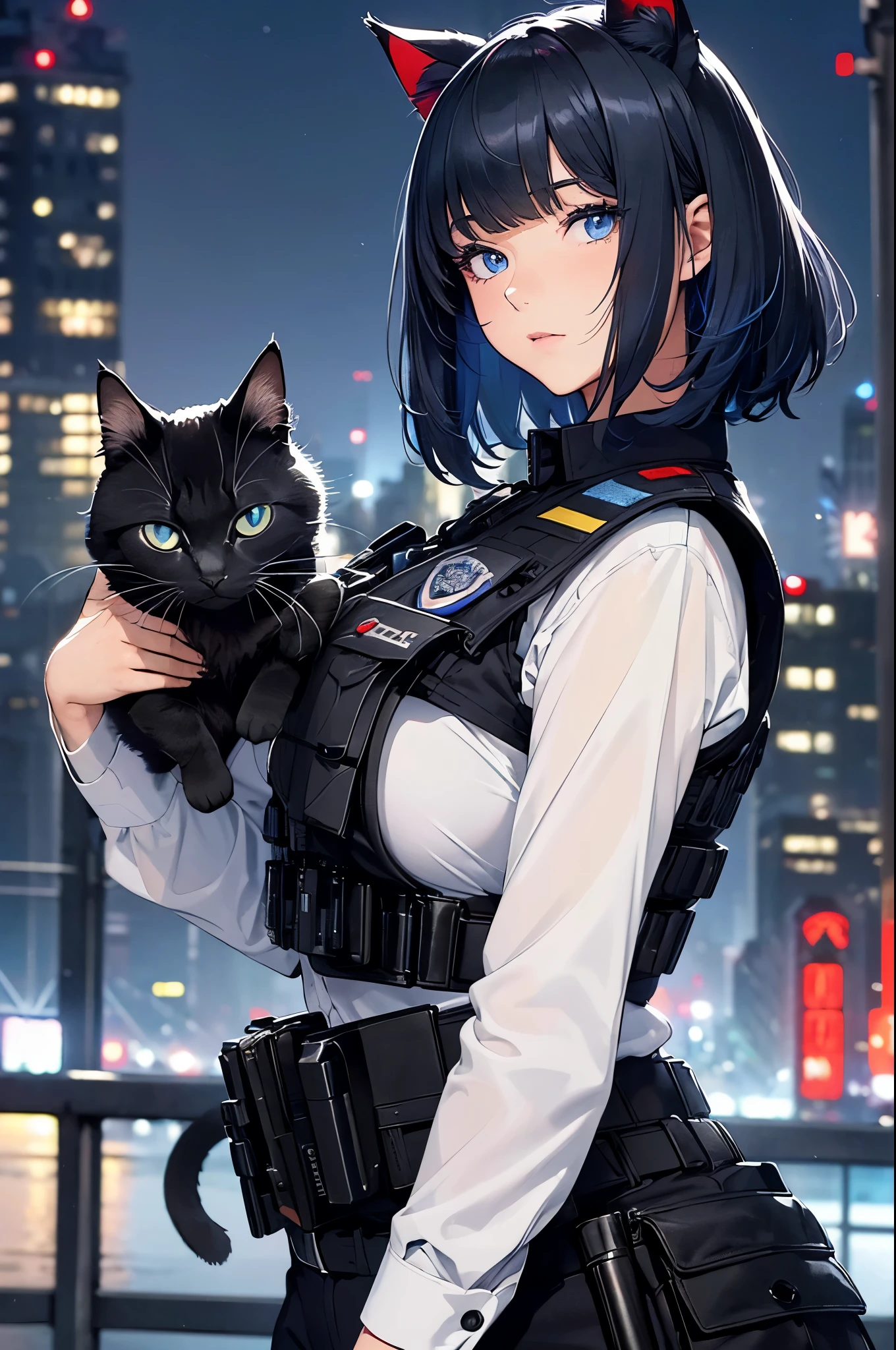 a 25 yo woman(Police officer London shorthair cat、Horse Ear、Her eyes are blue,It was beautiful.、Black bulletproof vest、New York City night view background、red and blue police lighteat、Crime scene、detailed detail