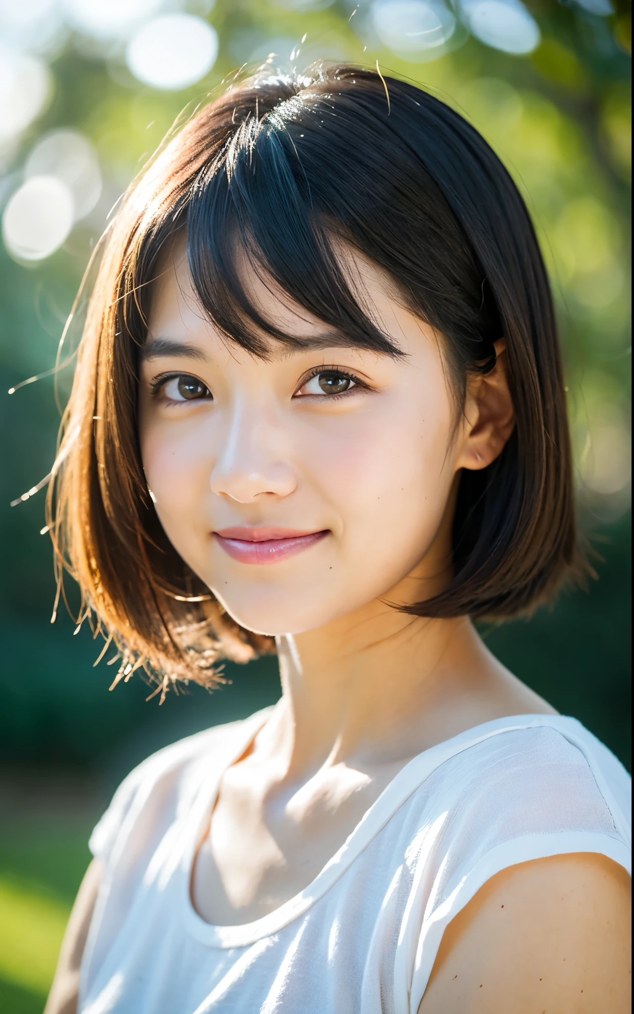 masutepiece, Best Quality, 8K, 1girl in, Good Hand, 14 yo, close up of face, Lively, Active, Life Force, Luminescent, Looking away, Raw photo, F/1.8, 135 mm, NIKON, Anatomically correct, Bokeh，Textured skin, Professional Photography, Portrait, Soft light, Professional Lighting, Solo, (Smile), Cute, Girly, boobs film grain, (Eyes and faces with detailed:1.0), Brown hair, Short hair swaying in the wind, Bangs