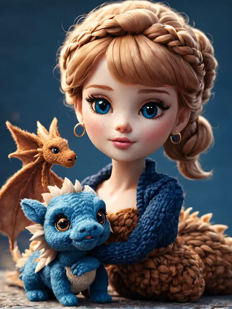 （plush toy design），naughty and cute barbie doll and little dragon，（wool craft），fluffy ，cute 3d rendering，background with：dark bl...