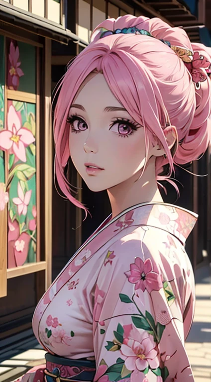 ((8k wallpaper of extremely detailed CG unit, ​masterpiece, hight resolution, top-quality, top-qualityのリアルテクスチャスキン)), ((a very beautiful woman, Plump lips, The upper part of the body, Japanese pattern haori,)), ((colorful wall with geometric pattern, Japanese pattern wall, warm color, butterflys, florals)), hyper realisitic, digitial painting,Pink hair、Pink eyes、Red kimono