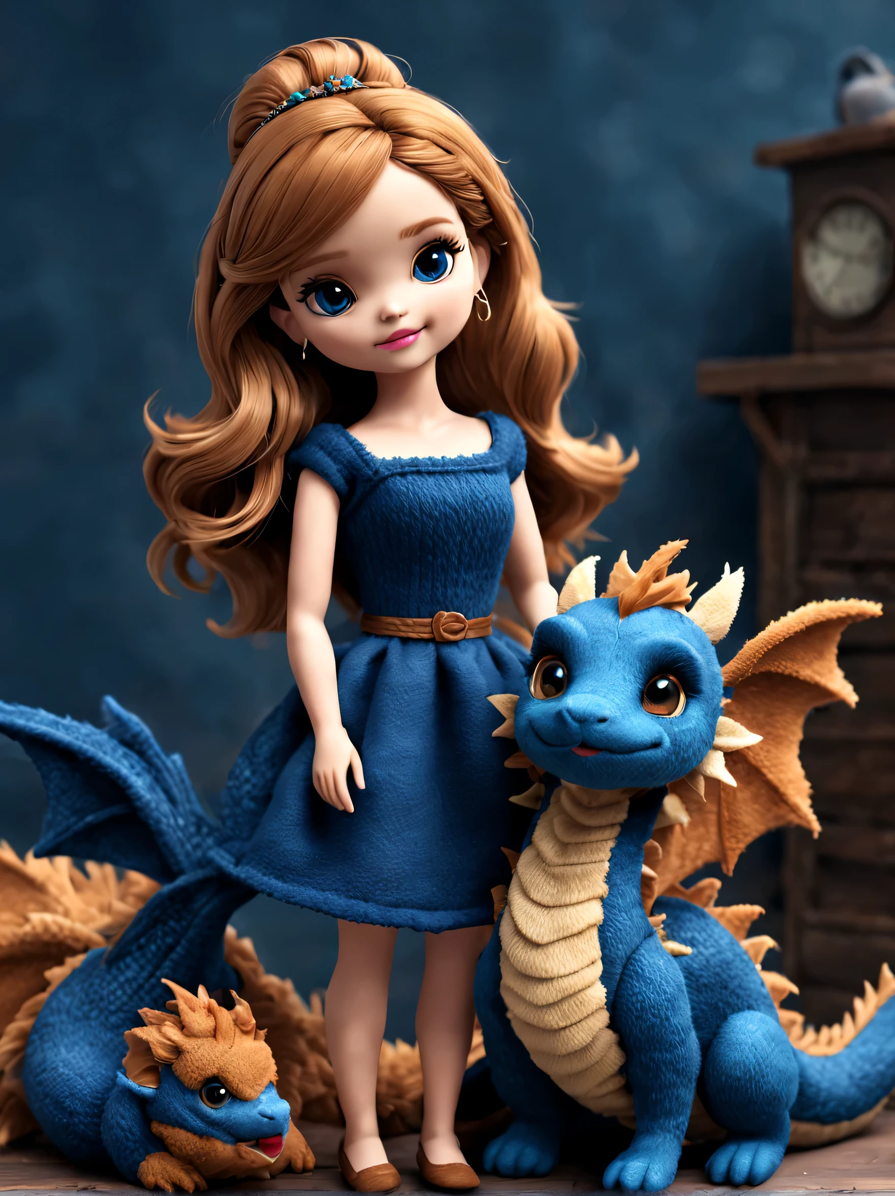 (Plush toy design),Naughty and cute Barbie doll and little dragon,(wool craft),Fluffy ,Cute 3d rendering,Background with:Dark blue and toffee brown,Cute and detailed digital art,Miniature feeling,stylized 3d render,3d rendered figure art 8k,lovely digital painting,Anime style 3D,Ultra-detailed rendering
